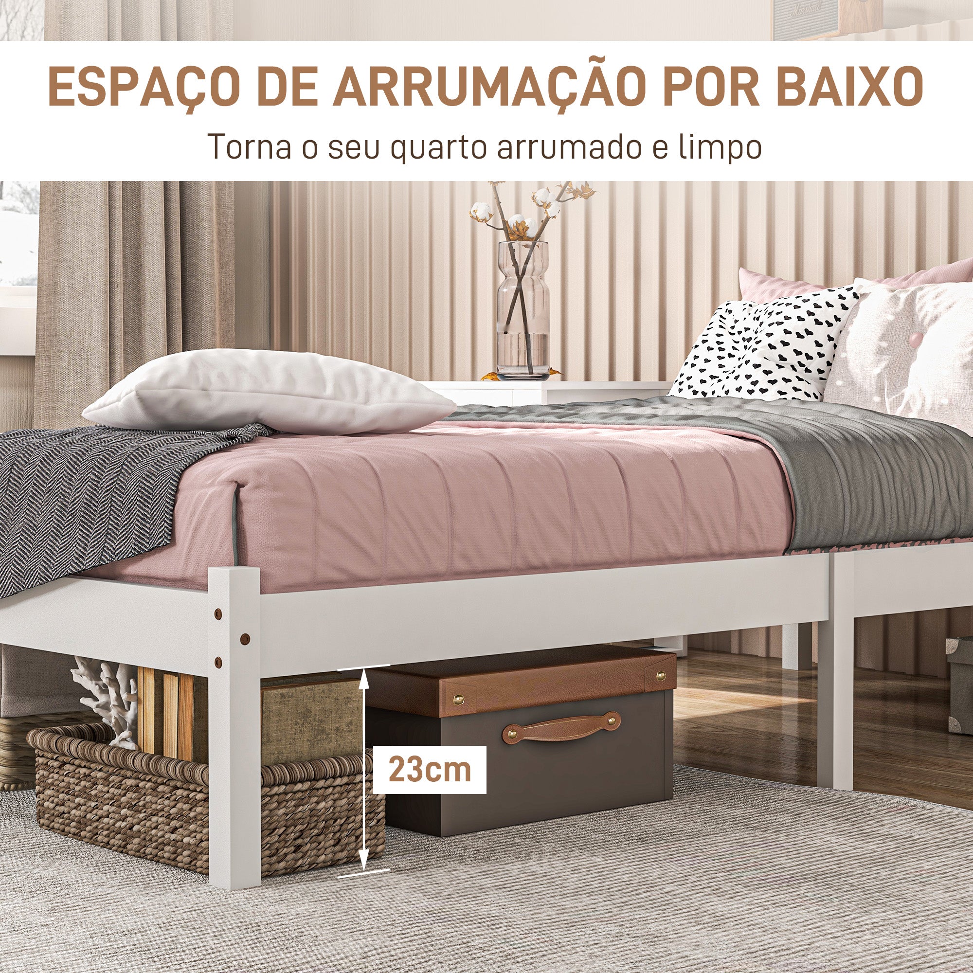 Estrutura de Cama de Madeira Branca 198x96x70 cm para Colchão 190x90 cm