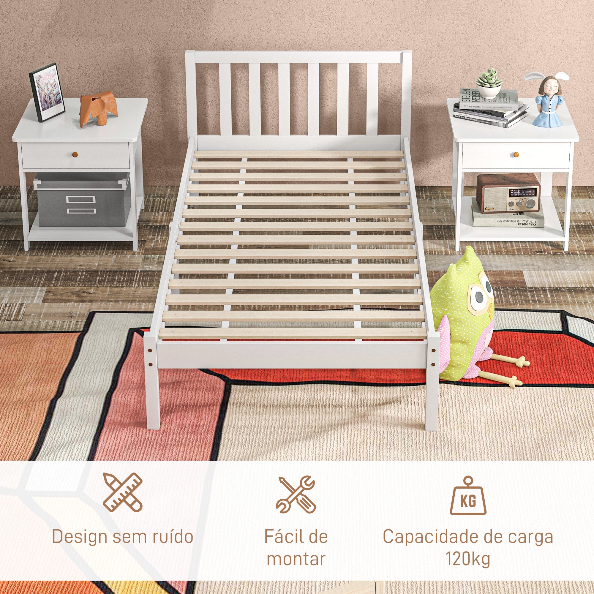 Estrutura de Cama de Madeira Branca 198x96x70 cm para Colchão 190x90 cm