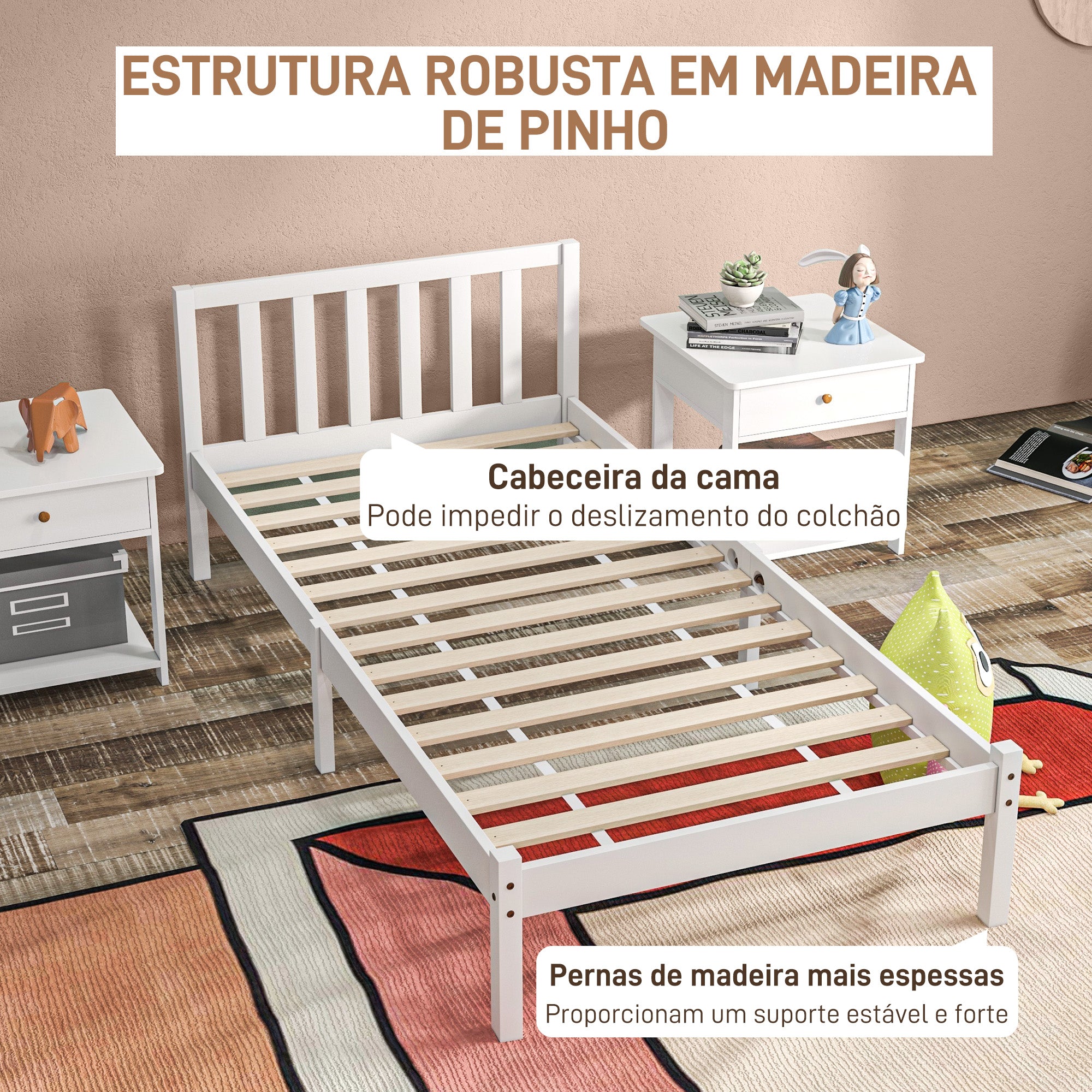 Estrutura de Cama de Madeira Branca 198x96x70 cm para Colchão 190x90 cm