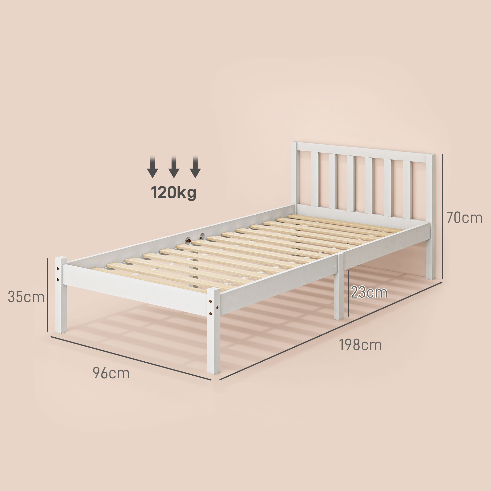 Estrutura de Cama de Madeira Branca 198x96x70 cm para Colchão 190x90 cm