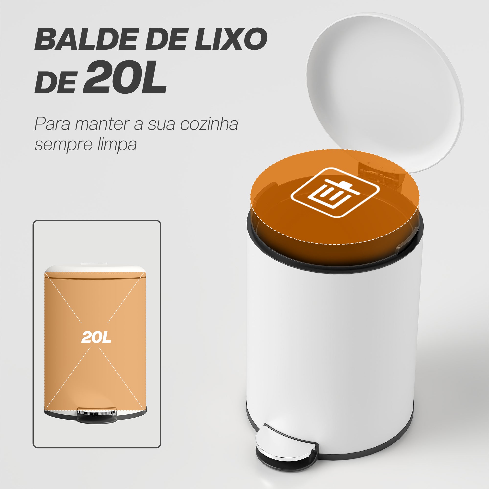 Balde de Lixo 20L Creme Branco 36x30x44 cm com Pedal e Tampa Suave