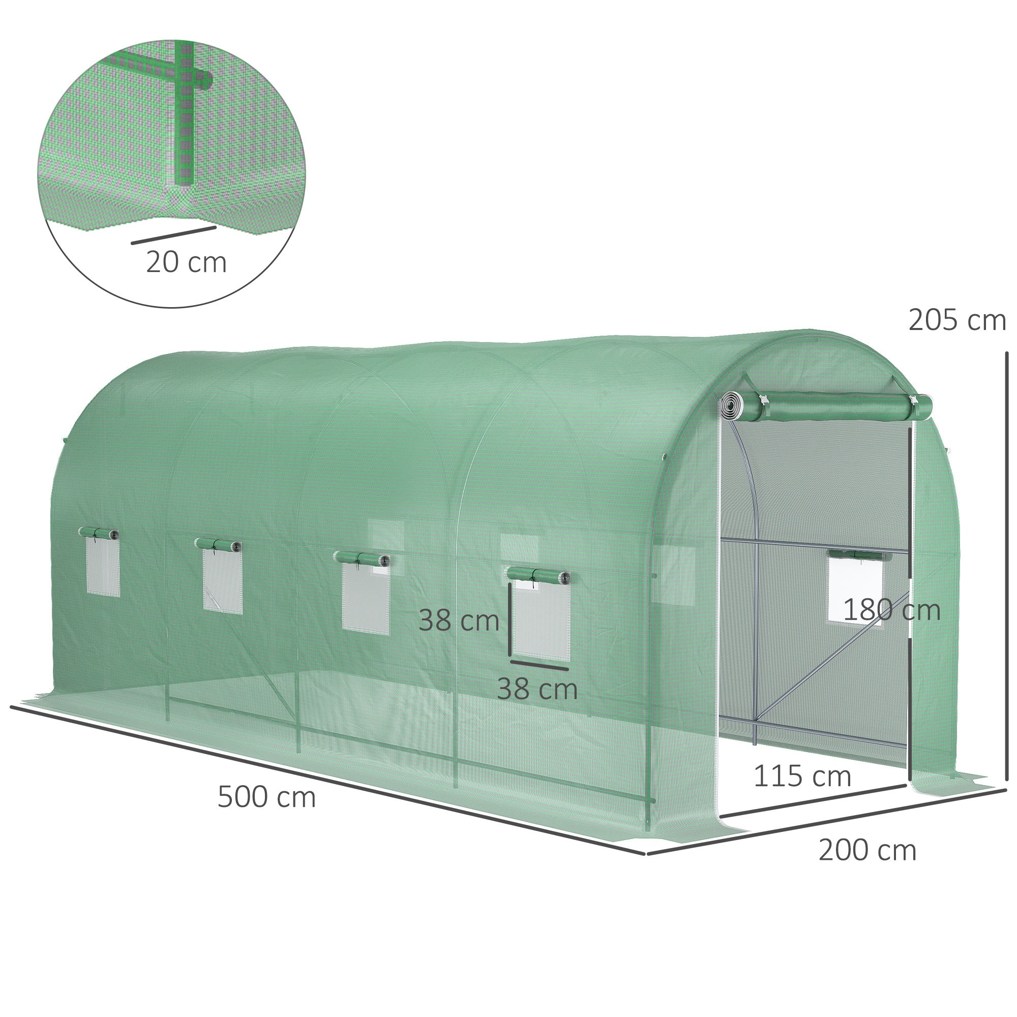 Estufa tipo túnel – 500x200x205 cm – Verde – aço galvanizado e polietileno