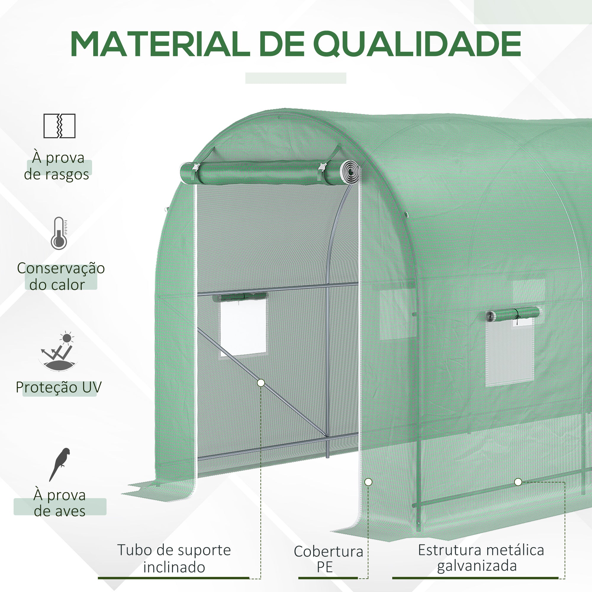 Estufa tipo túnel – 500x200x205 cm – Verde – aço galvanizado e polietileno
