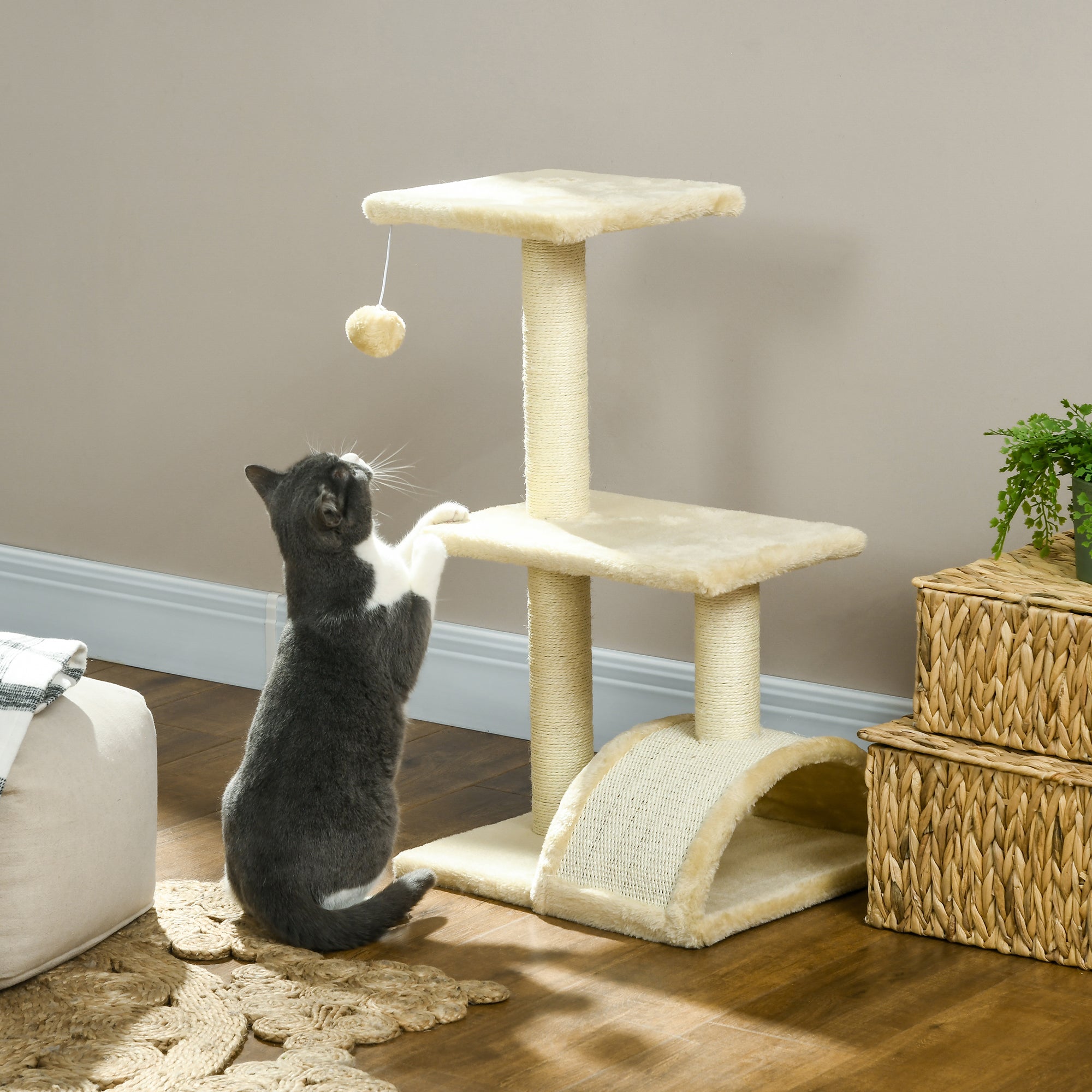 Arranhador para Gatos Médio 3 Níveis - Creme e Bege 40x35x72 cm