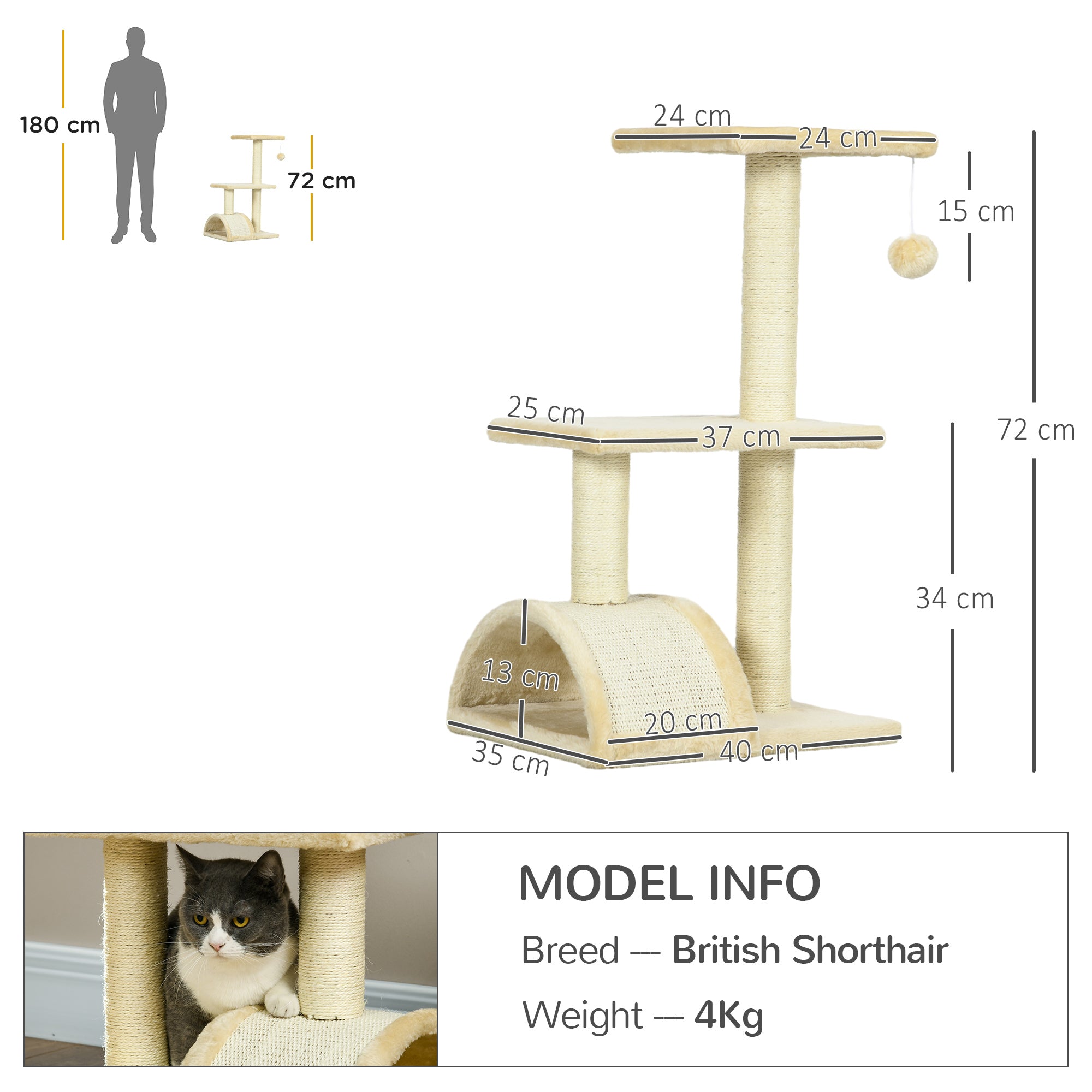 Arranhador para Gatos Médio 3 Níveis - Creme e Bege 40x35x72 cm