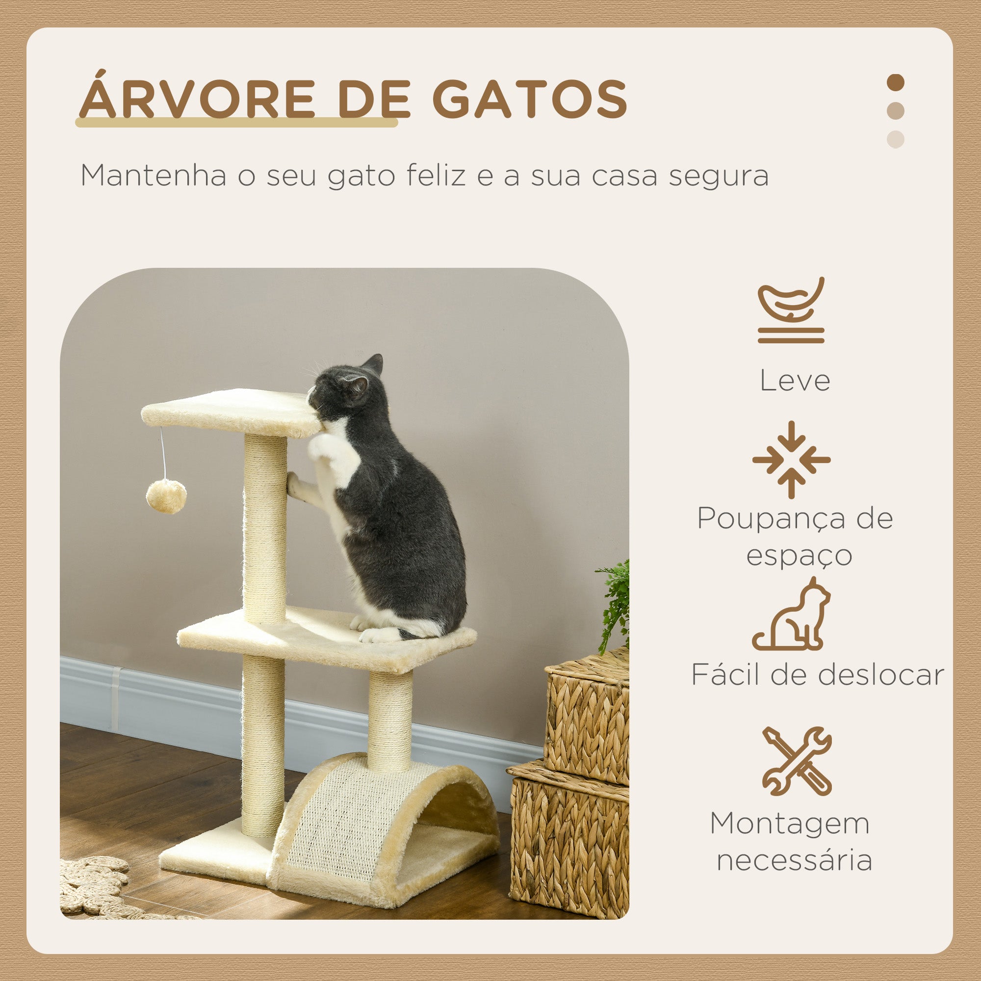 Arranhador para Gatos Médio 3 Níveis - Creme e Bege 40x35x72 cm