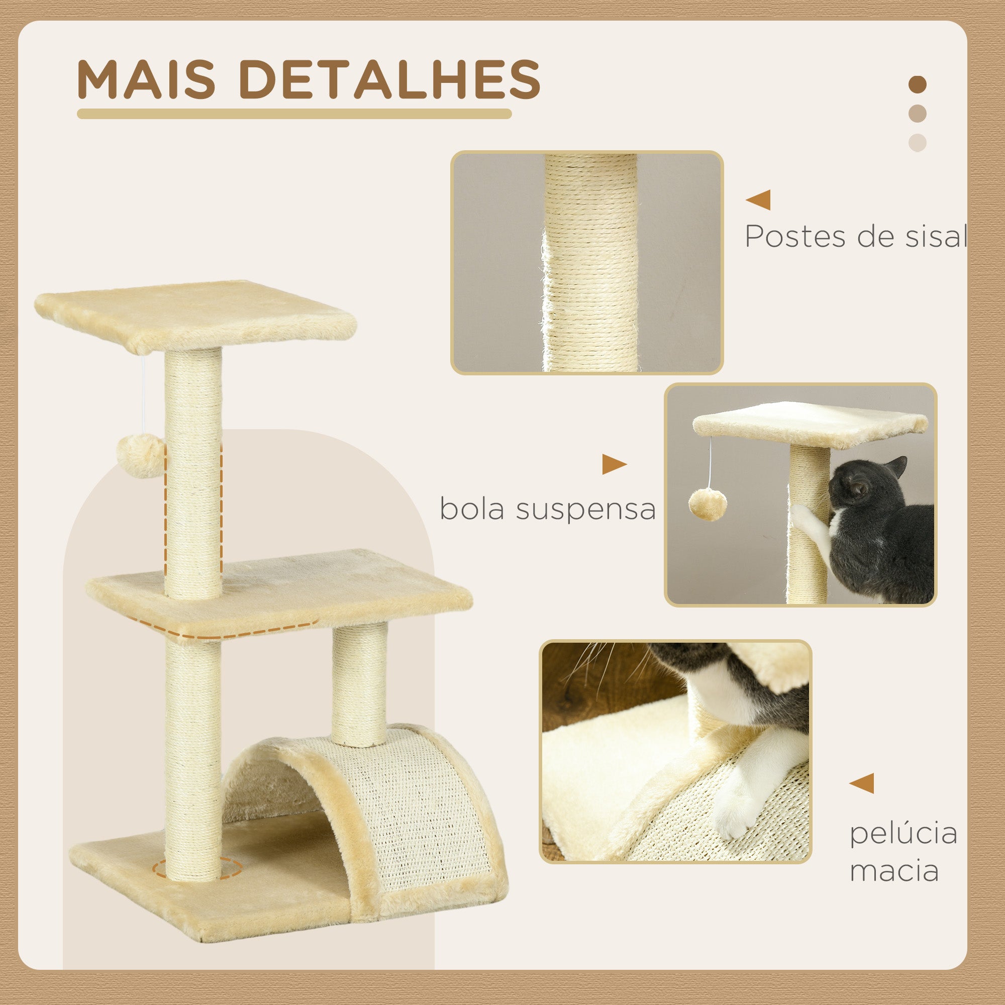 Arranhador para Gatos Médio 3 Níveis - Creme e Bege 40x35x72 cm