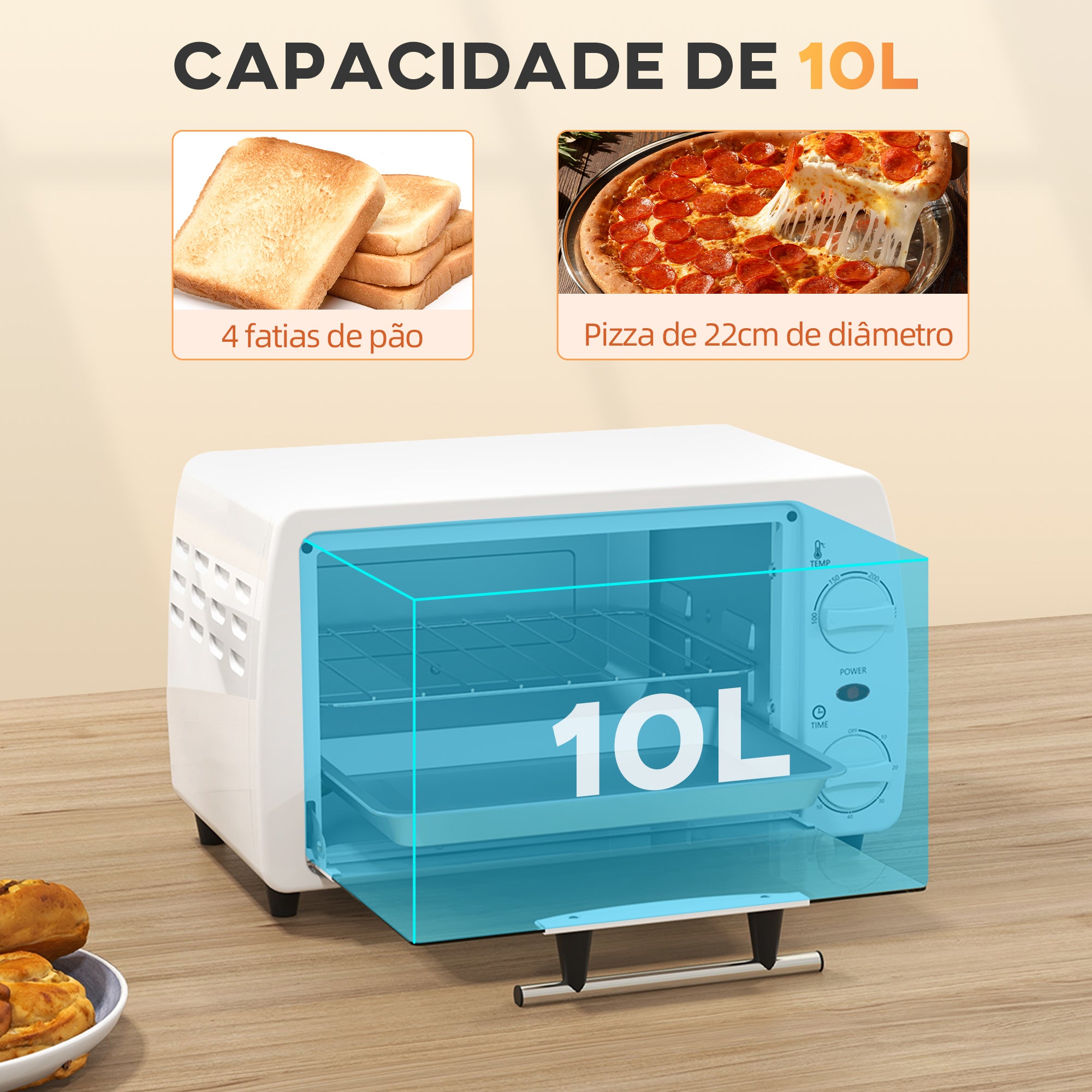 Mini Forno Elétrico 10 Litros 750W - Branco 36,5x26x22 cm