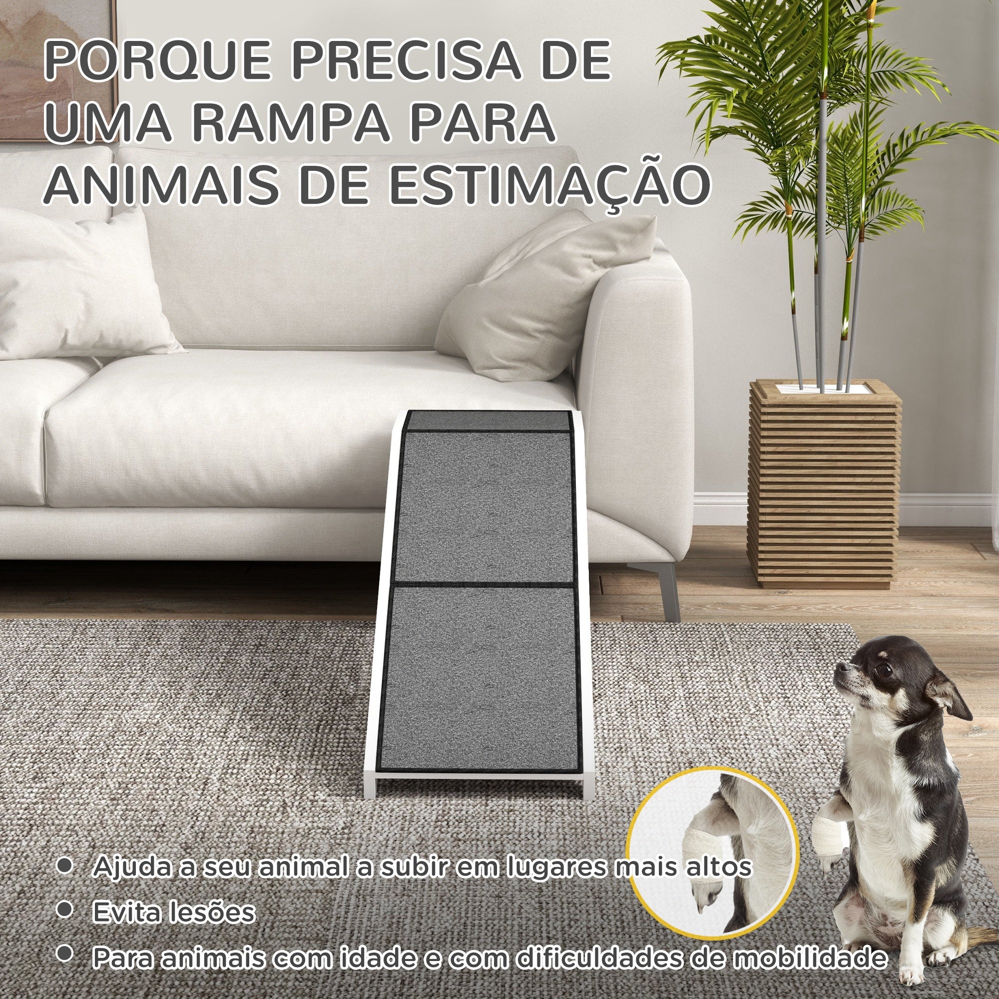 Rampa para Cães de Madeira com Tapete Antiderrapante 152x40x50 cm - Branco e Cinza