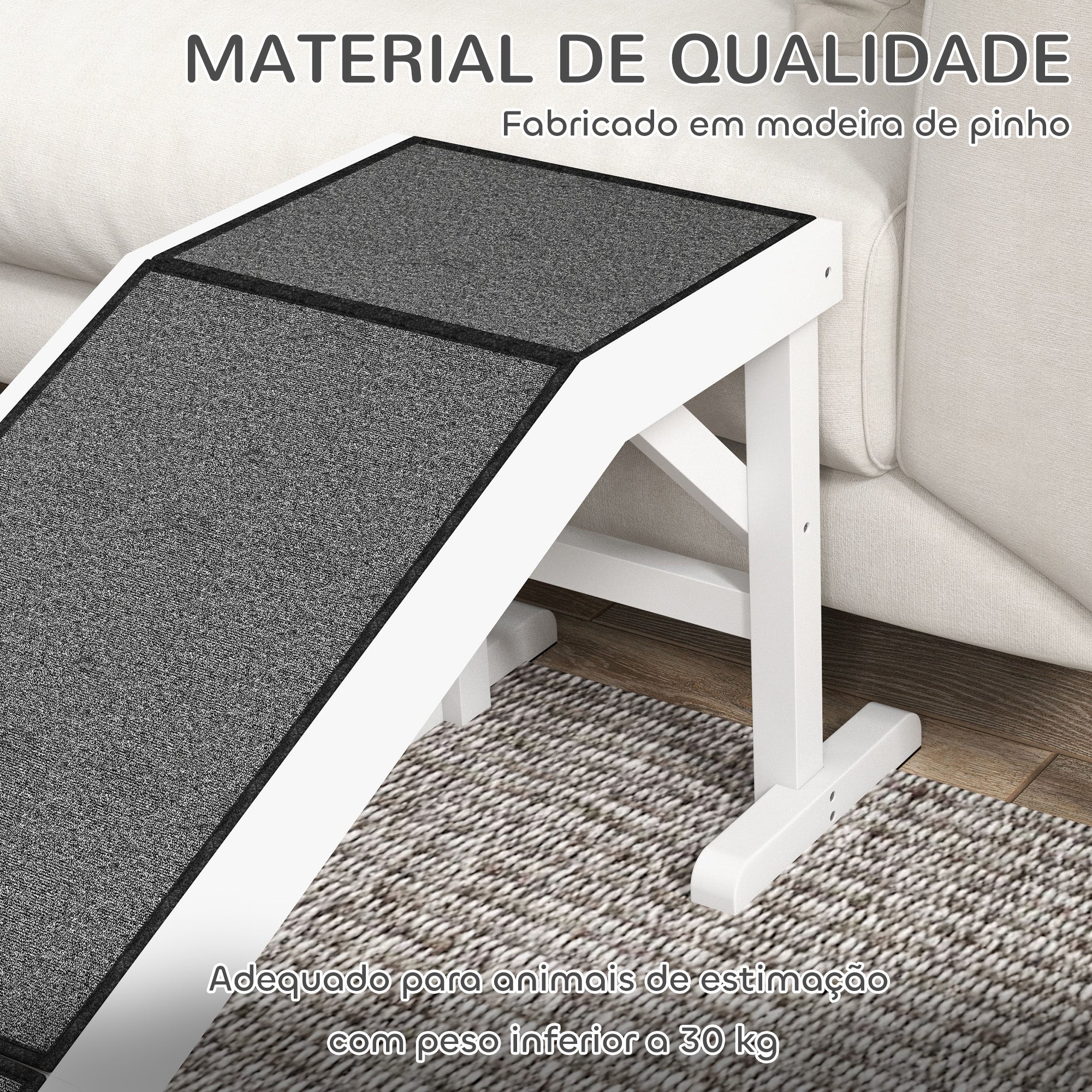 Rampa para Cães de Madeira com Tapete Antiderrapante 152x40x50 cm - Branco e Cinza