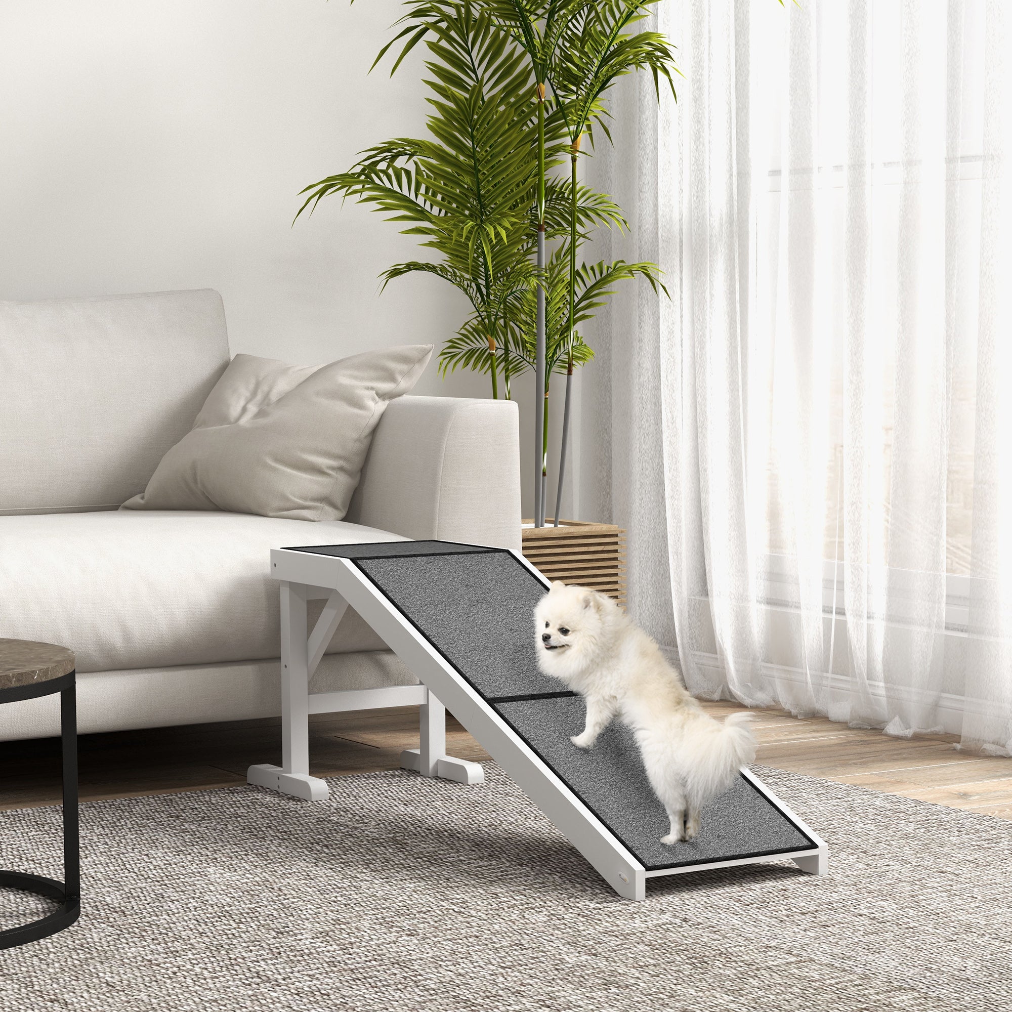 Rampa para Cães de Madeira com Tapete Antiderrapante 152x40x50 cm - Branco e Cinza