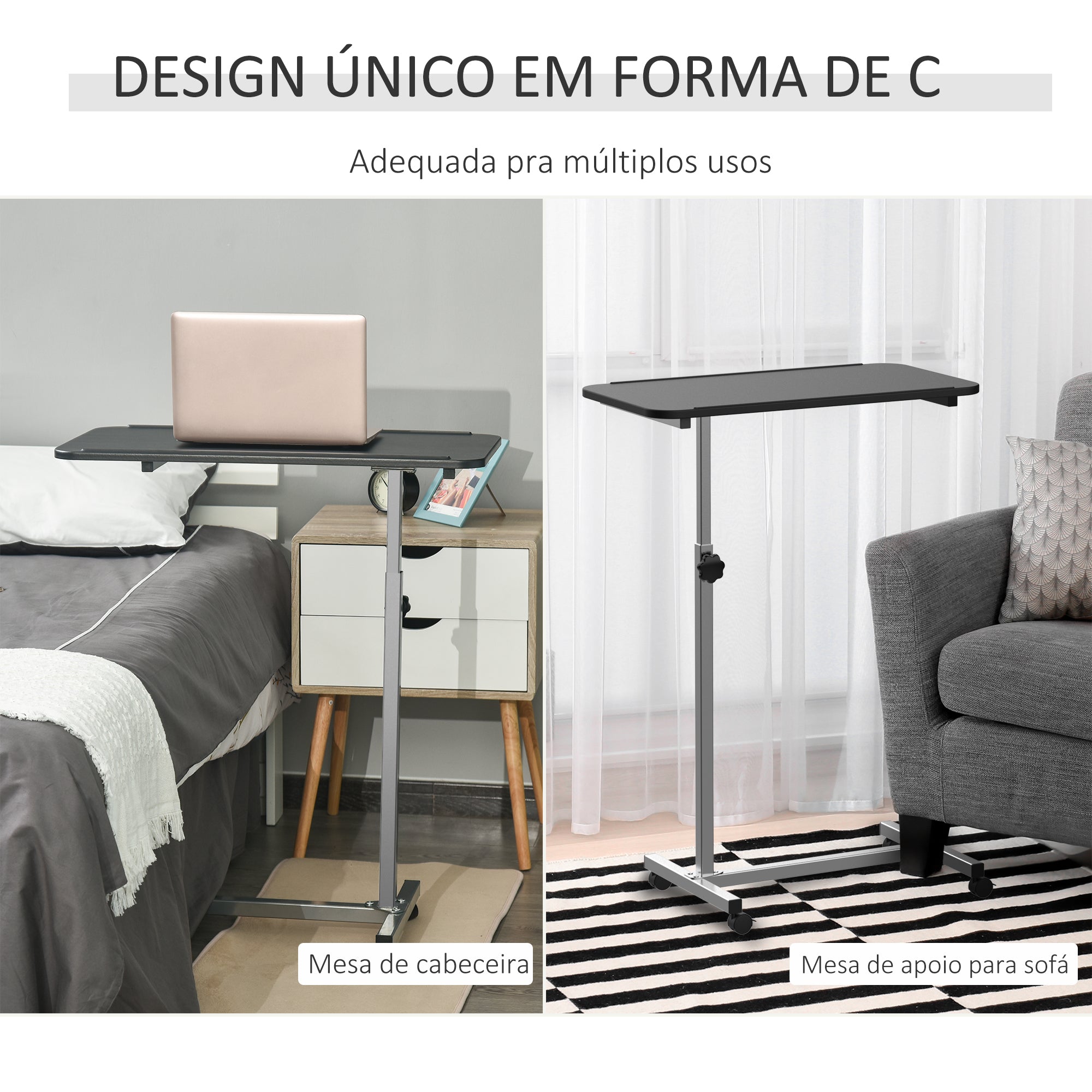Mesa Auxiliar com Rodas - 77x40x76-100 cm - Preto e Prata