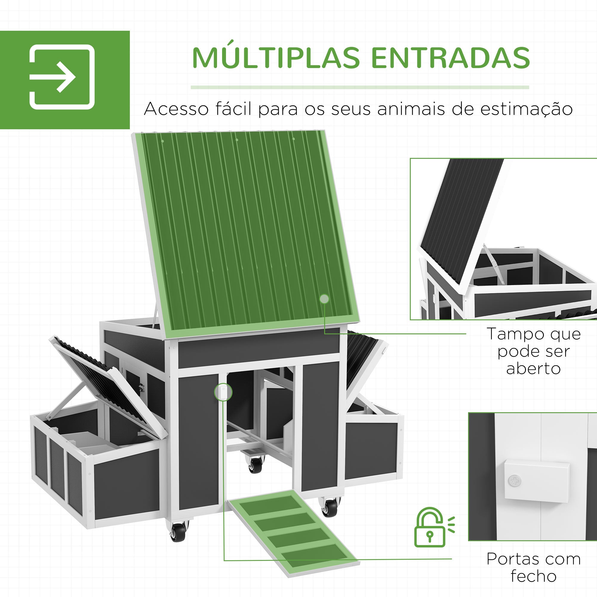 Galinheiro de Madeira Cinza 147x93,5x89,5 cm com Ninho e Poleiros