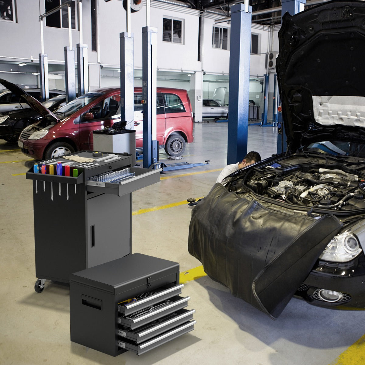 Caja de Ferramentas de 5 Gavetas com Rodas Bloqueáveis e Prateleira Ajustável para Garagem 59 x 28 x 102 cm Preto e Cinzento