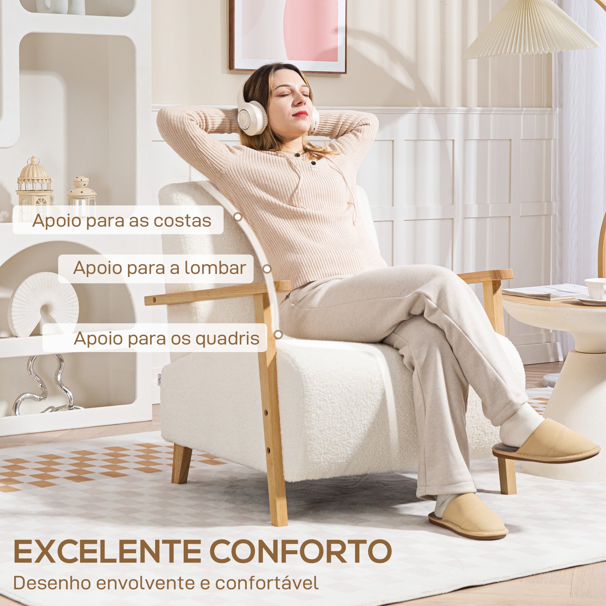 Poltrona Nórdica Estofada em Borrego 74,5x76x78 cm - Creme Branco
