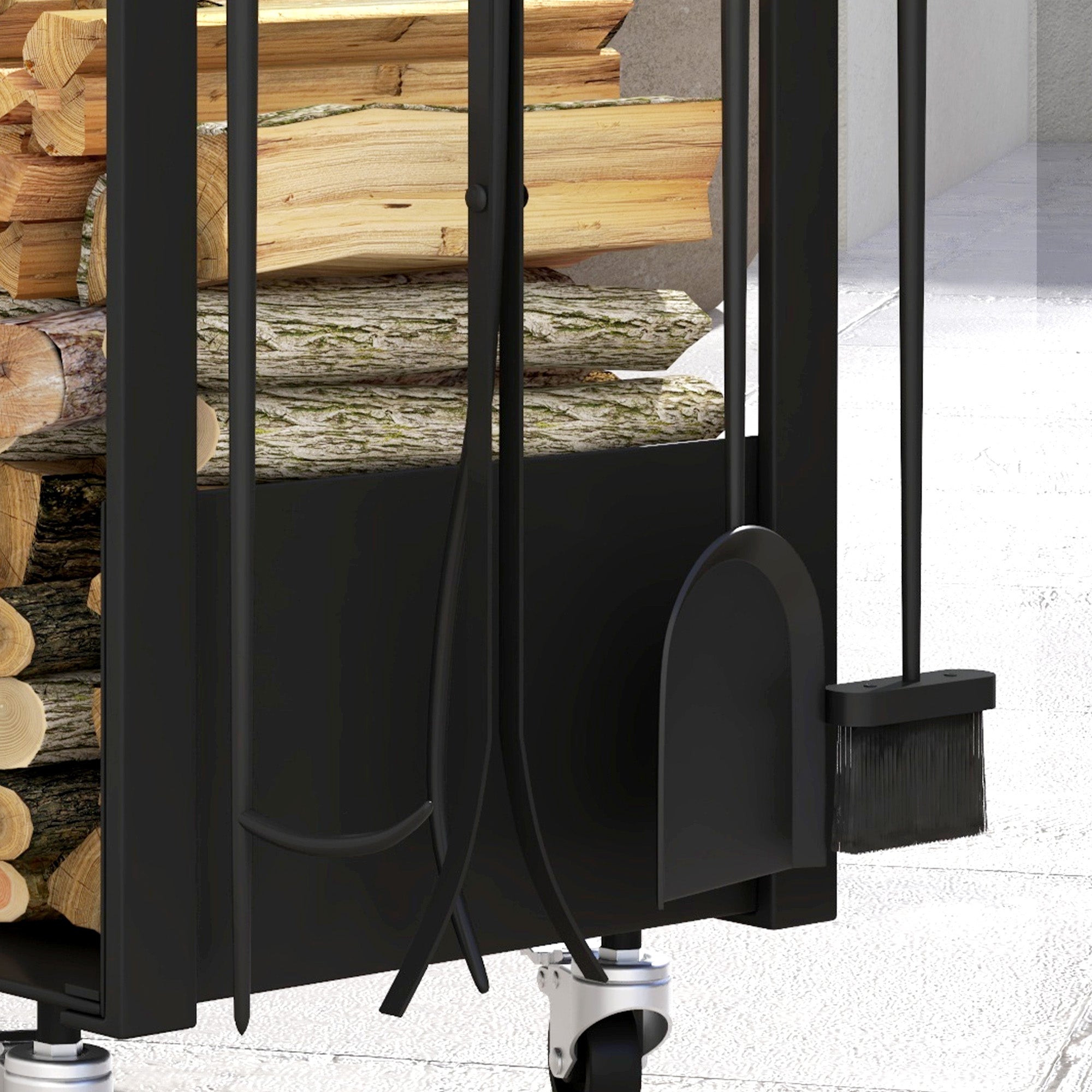 Suporte para Lenha Metálico Preto 48x30x76 cm - Inclui Pá, Escova, Atizador e Tenazes