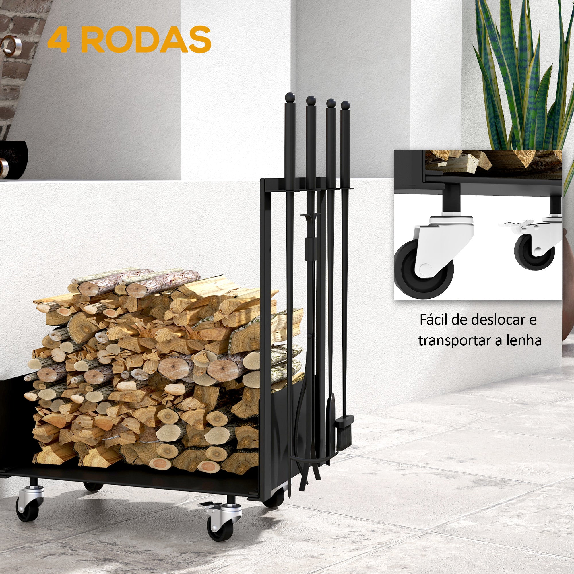 Suporte para Lenha Metálico Preto 48x30x76 cm - Inclui Pá, Escova, Atizador e Tenazes