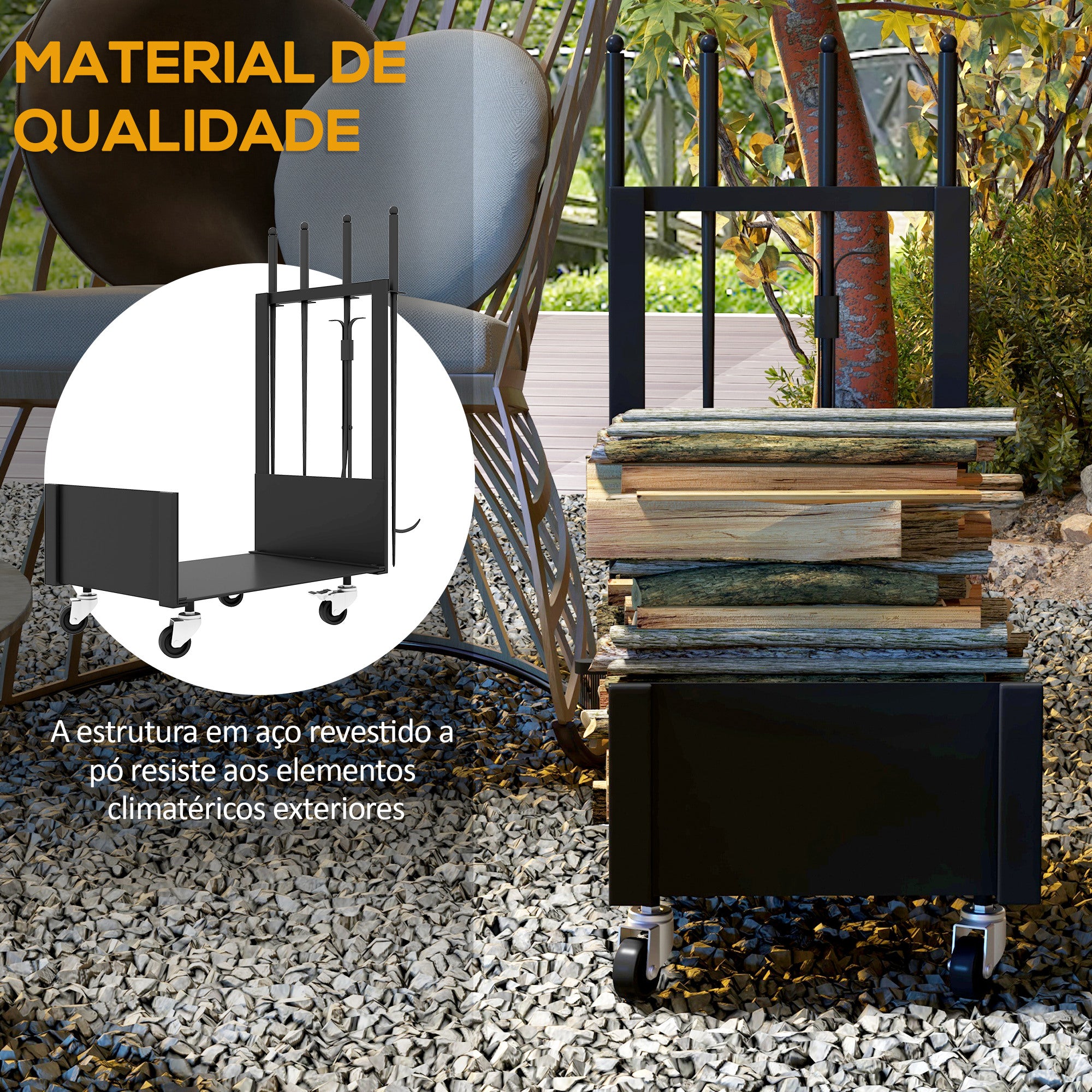 Suporte para Lenha Metálico Preto 48x30x76 cm - Inclui Pá, Escova, Atizador e Tenazes