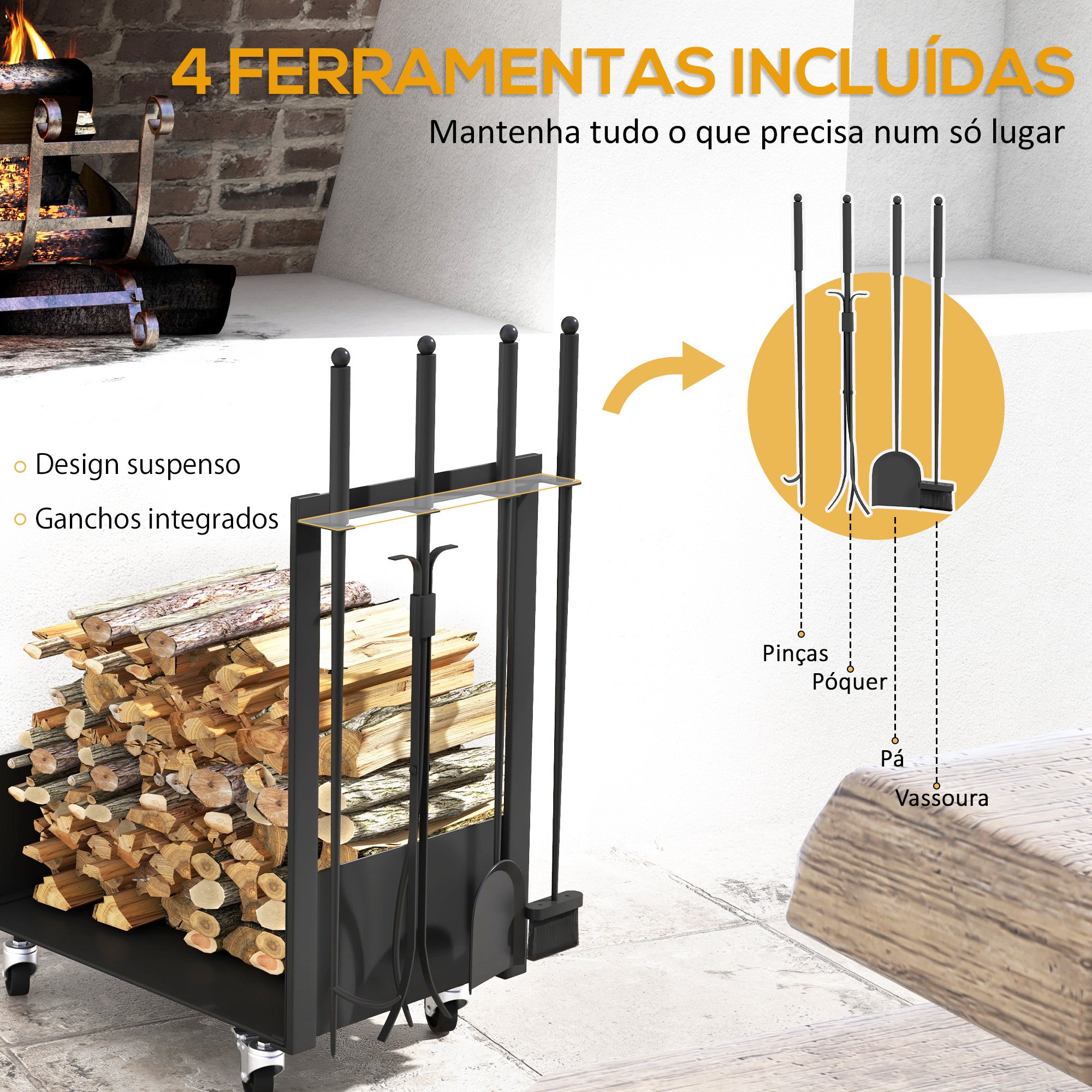 Suporte para Lenha Metálico Preto 48x30x76 cm - Inclui Pá, Escova, Atizador e Tenazes