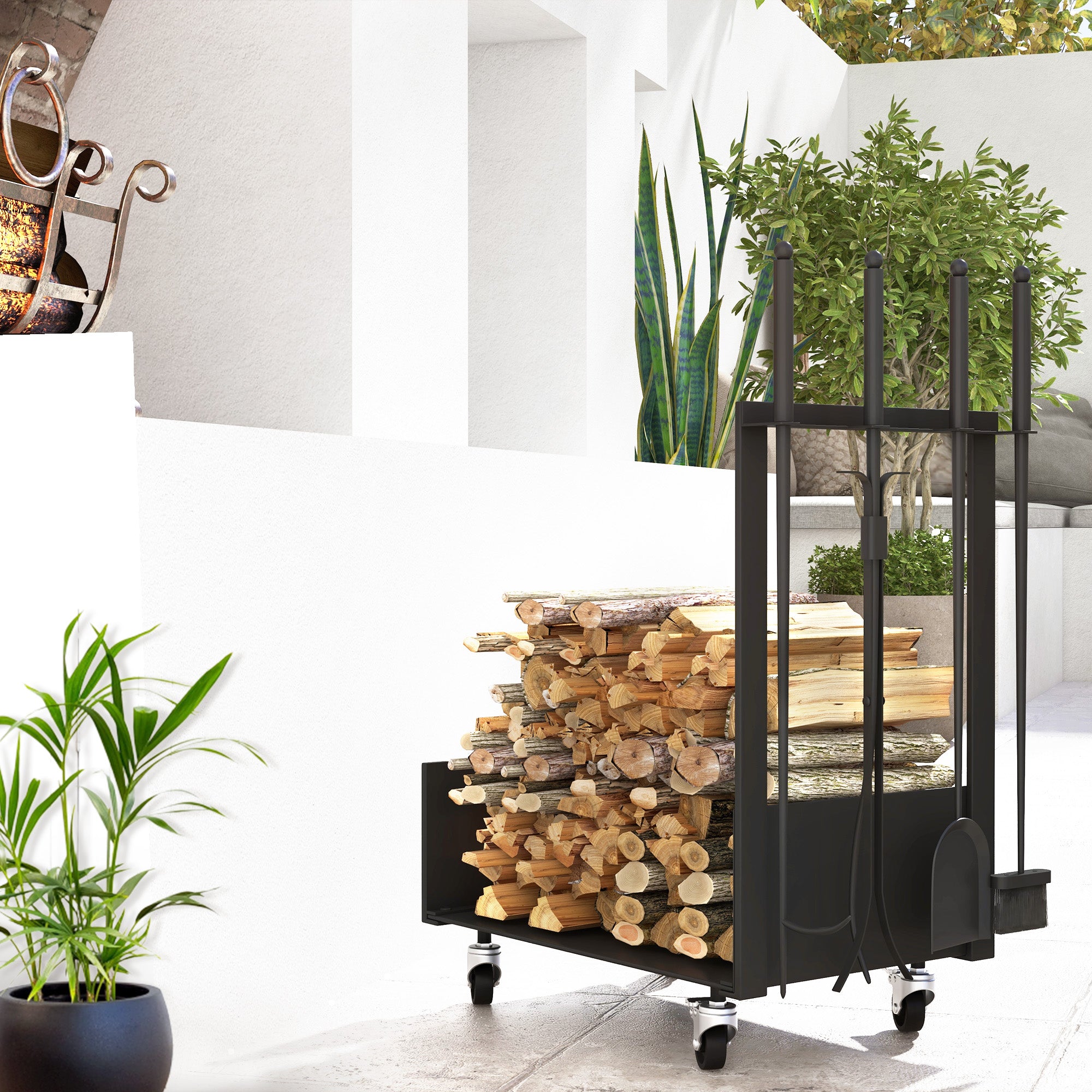 Suporte para Lenha Metálico Preto 48x30x76 cm - Inclui Pá, Escova, Atizador e Tenazes