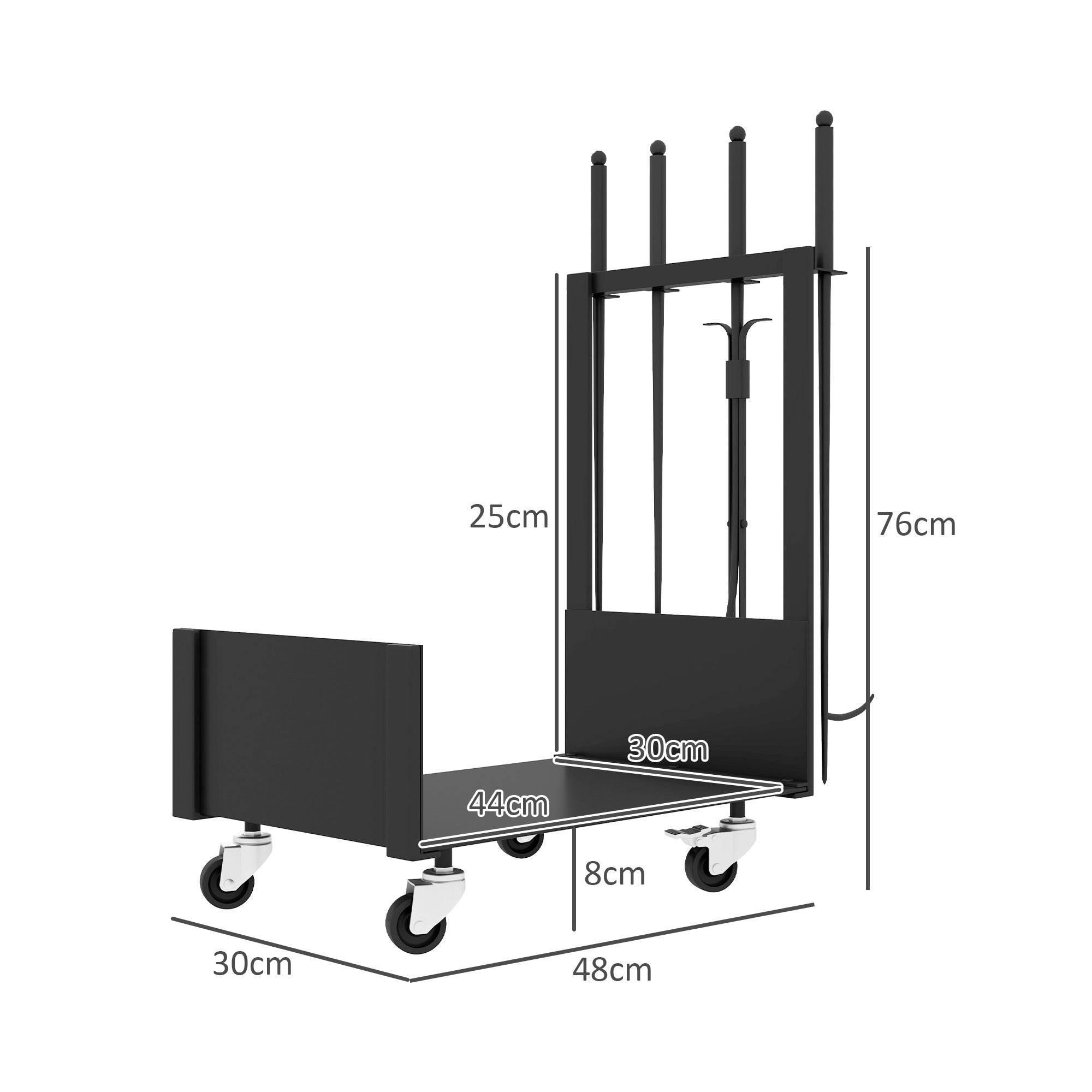 Suporte para Lenha Metálico Preto 48x30x76 cm - Inclui Pá, Escova, Atizador e Tenazes