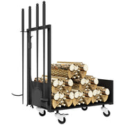 Suporte para Lenha Metálico Preto 48x30x76 cm - Inclui Pá, Escova, Atizador e Tenazes