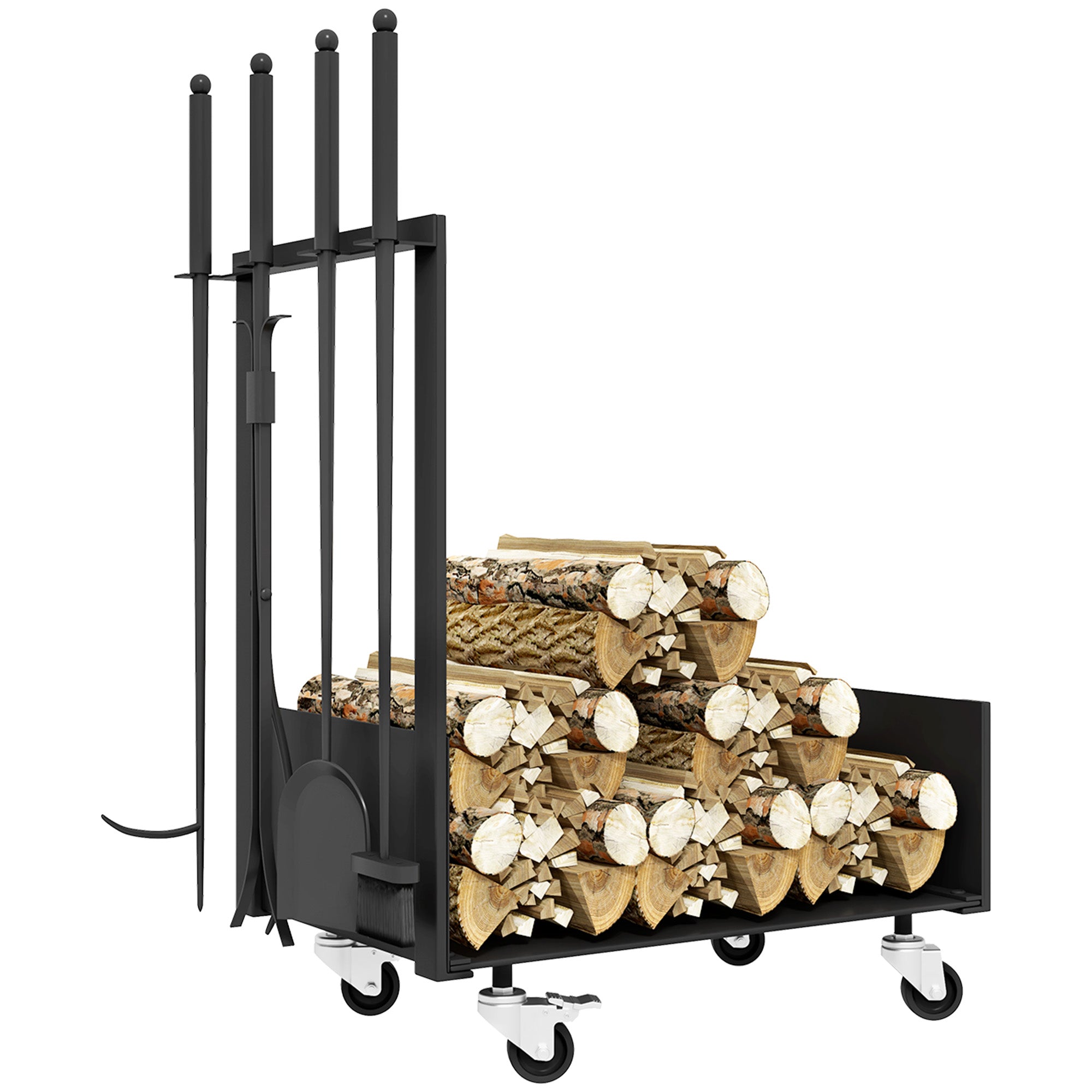 Suporte para Lenha Metálico Preto 48x30x76 cm - Inclui Pá, Escova, Atizador e Tenazes