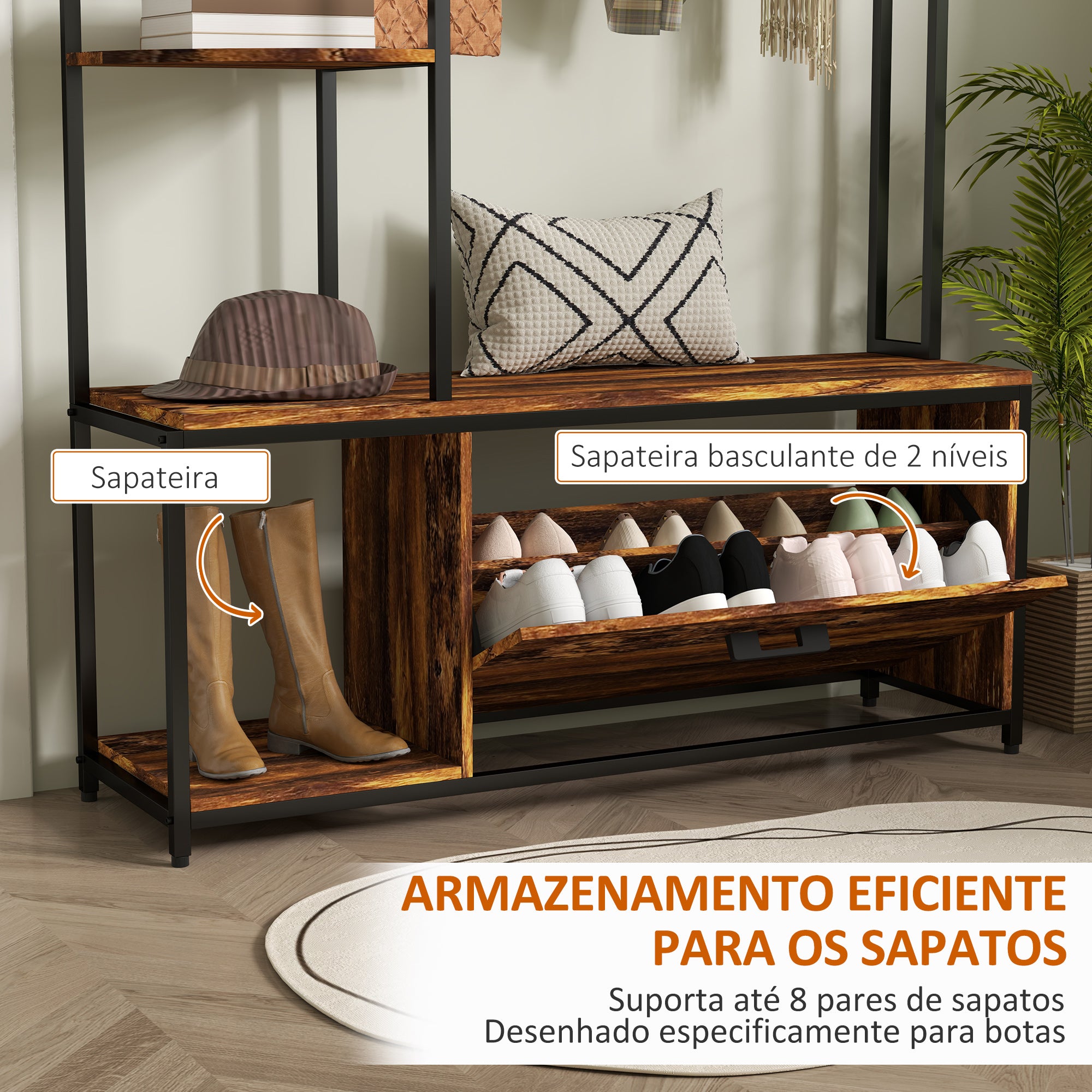 Móvel Cabide de Entrada 4 em 1 com Sapateira e Banco 120x35x180 cm - Marrom Escuro