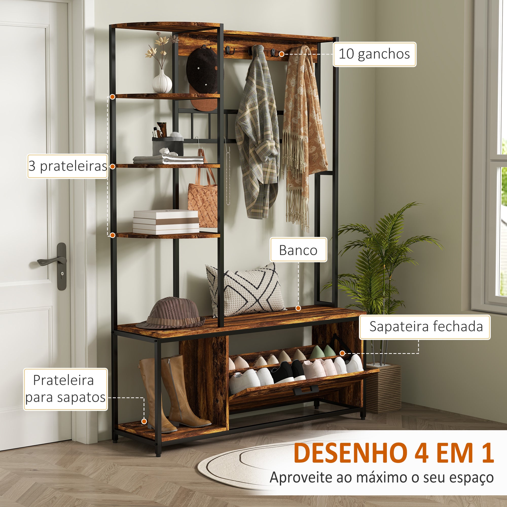 Móvel Cabide de Entrada 4 em 1 com Sapateira e Banco 120x35x180 cm - Marrom Escuro