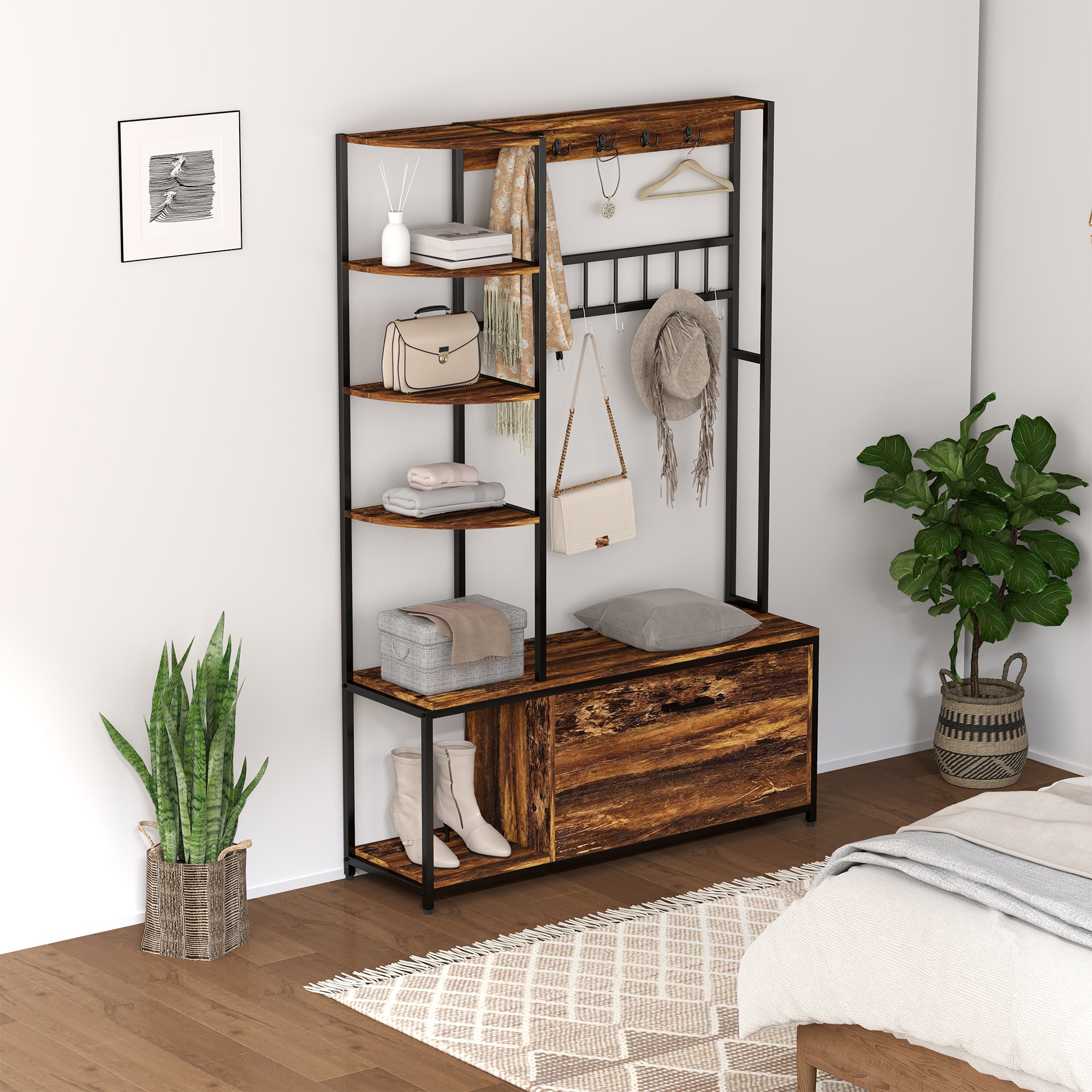 Móvel Cabide de Entrada 4 em 1 com Sapateira e Banco 120x35x180 cm - Marrom Escuro