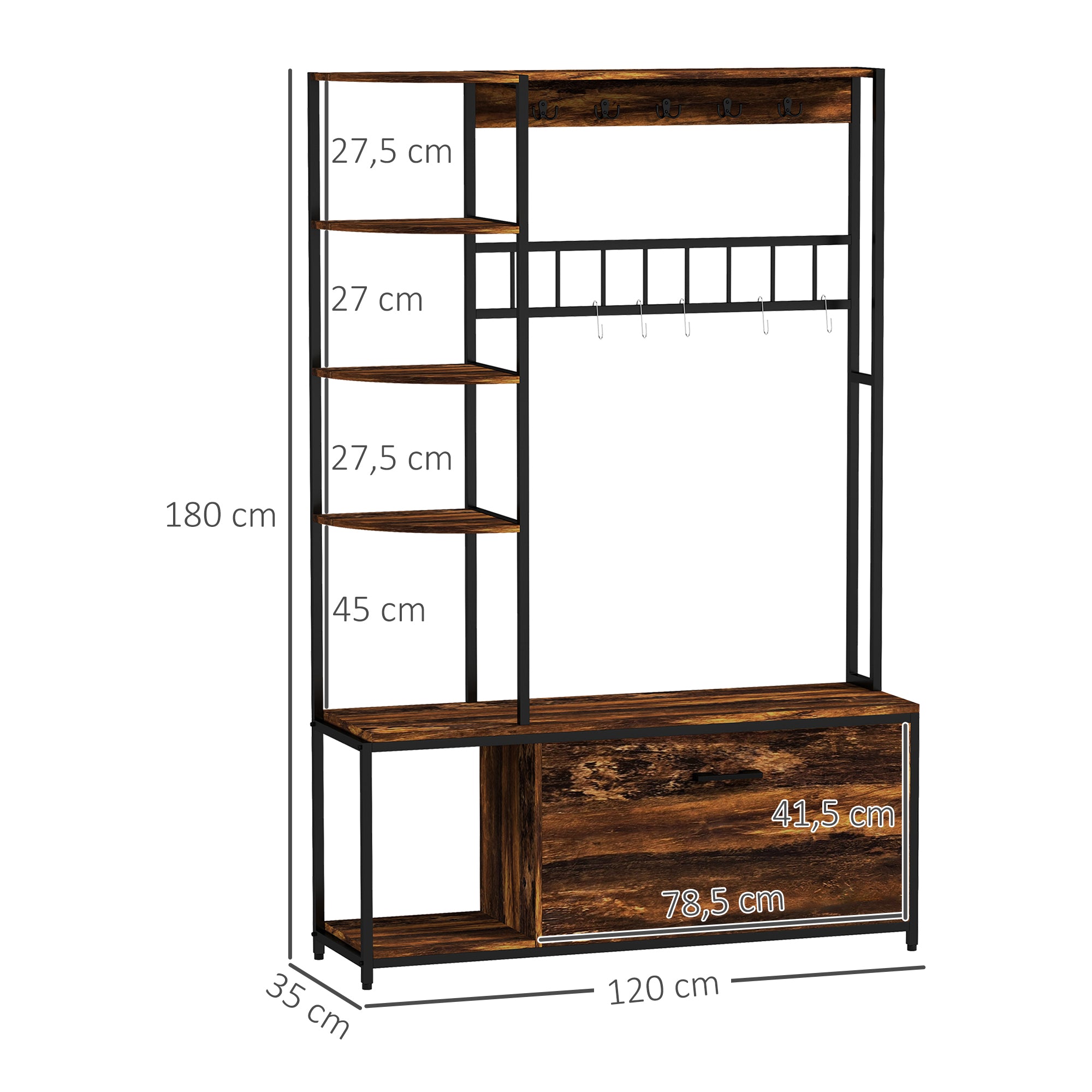 Móvel Cabide de Entrada 4 em 1 com Sapateira e Banco 120x35x180 cm - Marrom Escuro