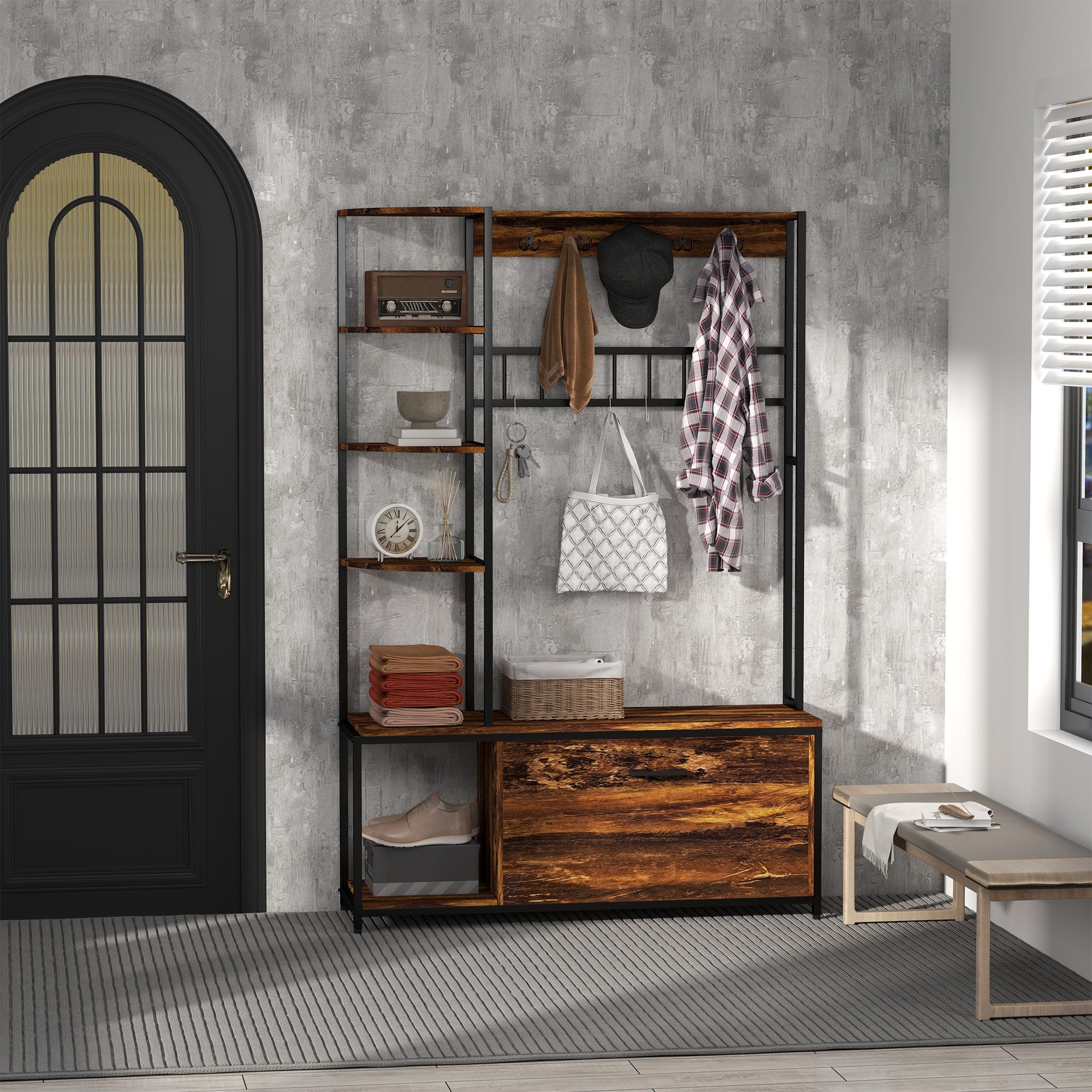 Móvel Cabide de Entrada 4 em 1 com Sapateira e Banco 120x35x180 cm - Marrom Escuro