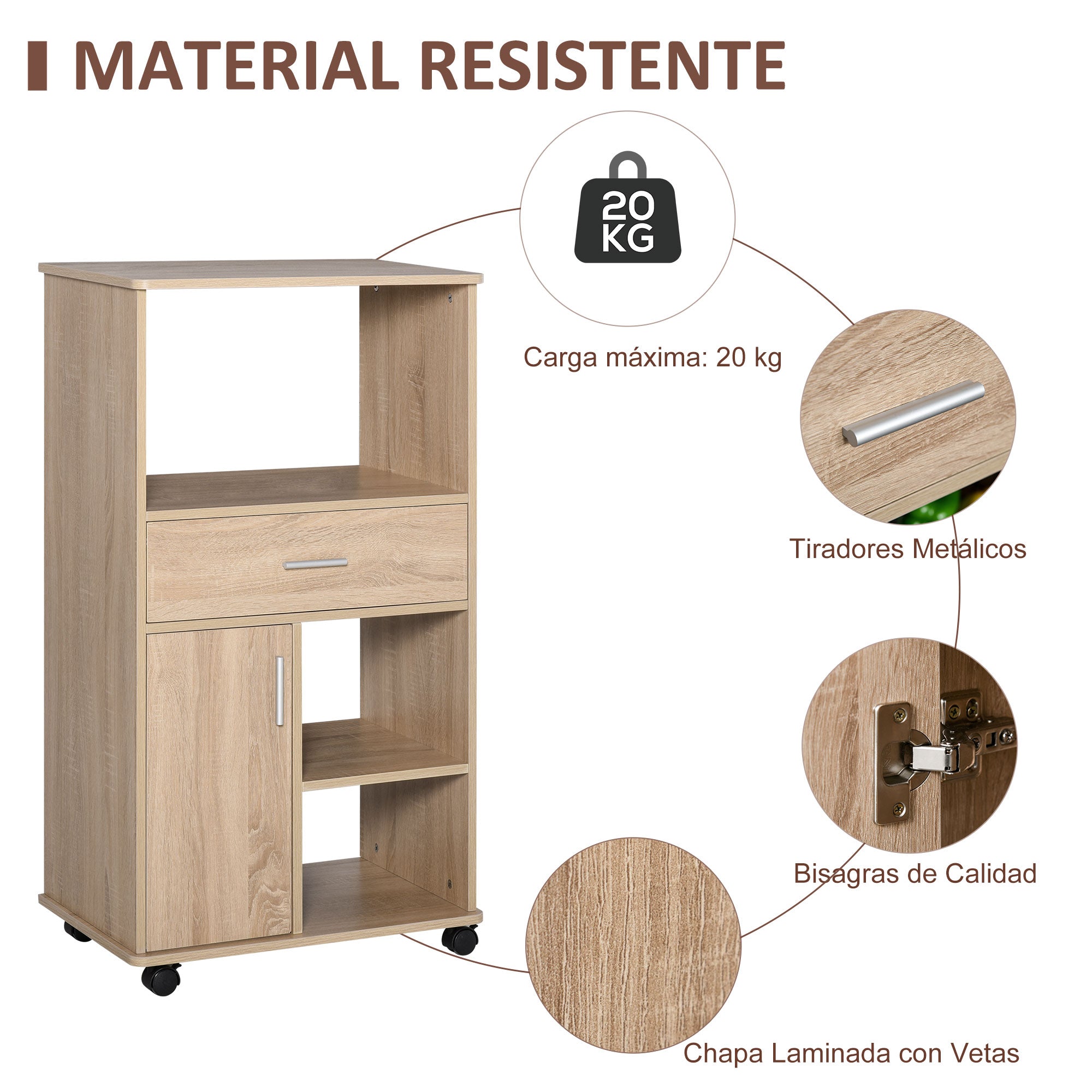 Carrinho de Cozinha para Micro-ondas 60x40x108 cm em Carvalho