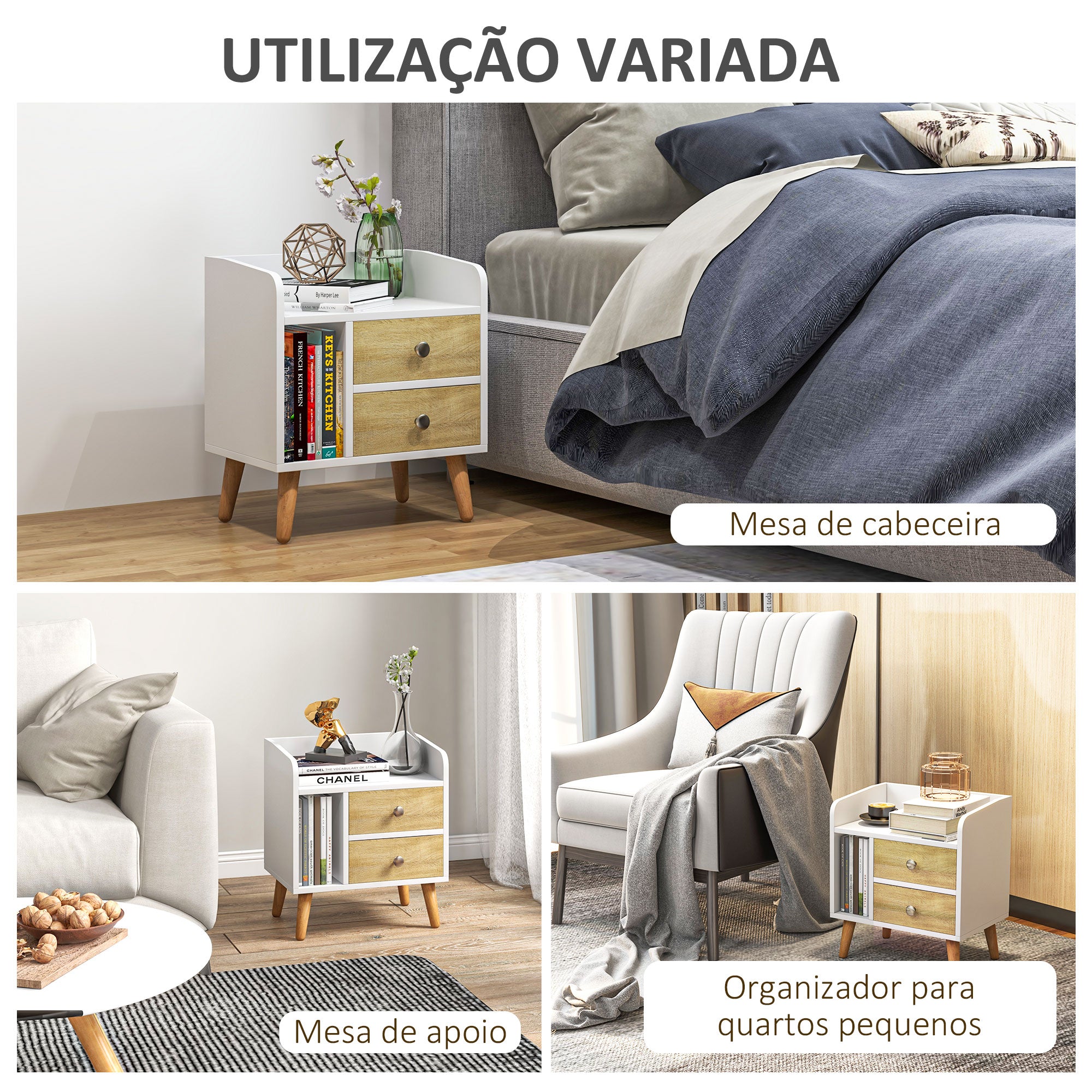 Mesa de Cabeceira com 2 Gavetas Grandes e Prateleira Aberta 43x30x49 cm - Branco