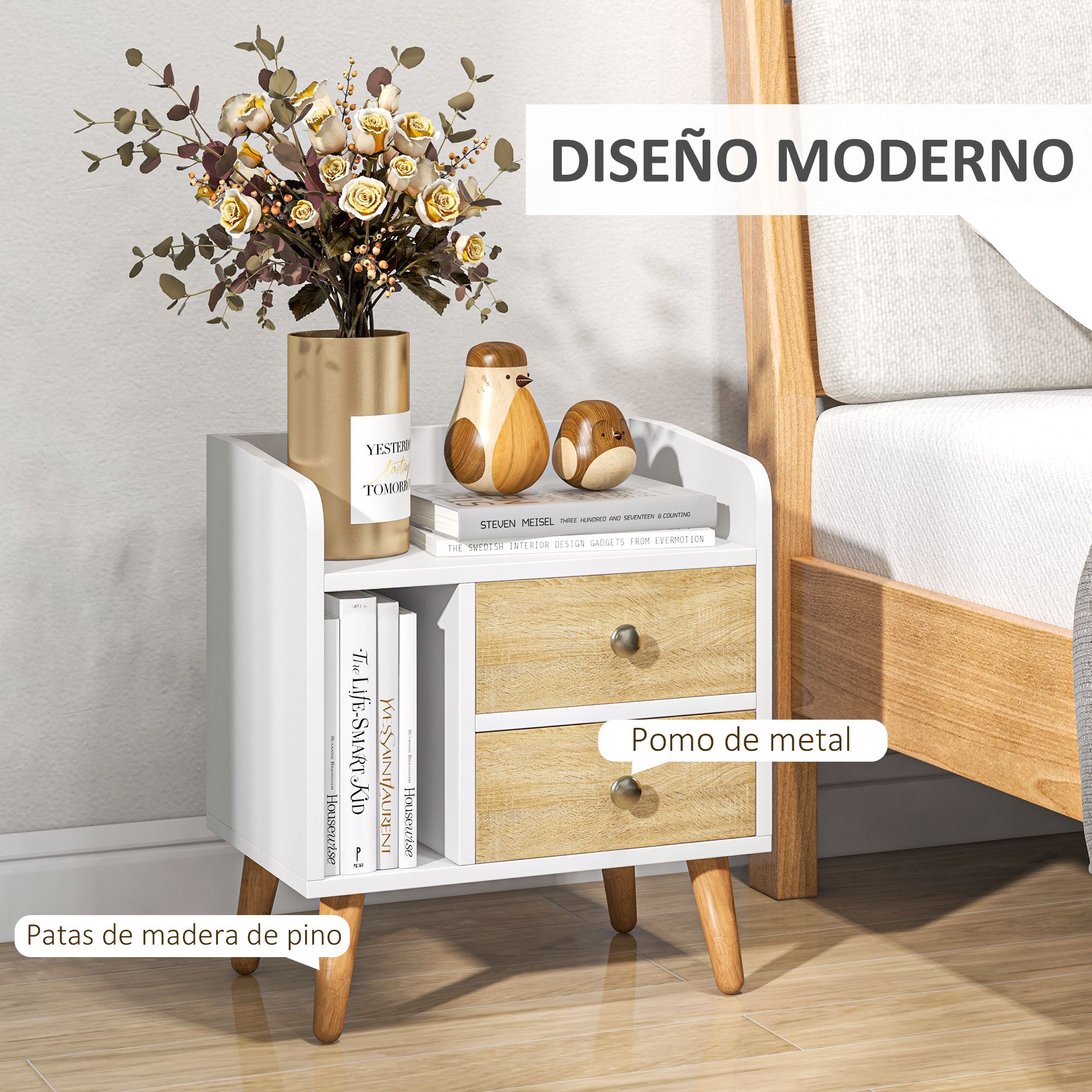 Mesa de Cabeceira com 2 Gavetas Grandes e Prateleira Aberta 43x30x49 cm - Branco