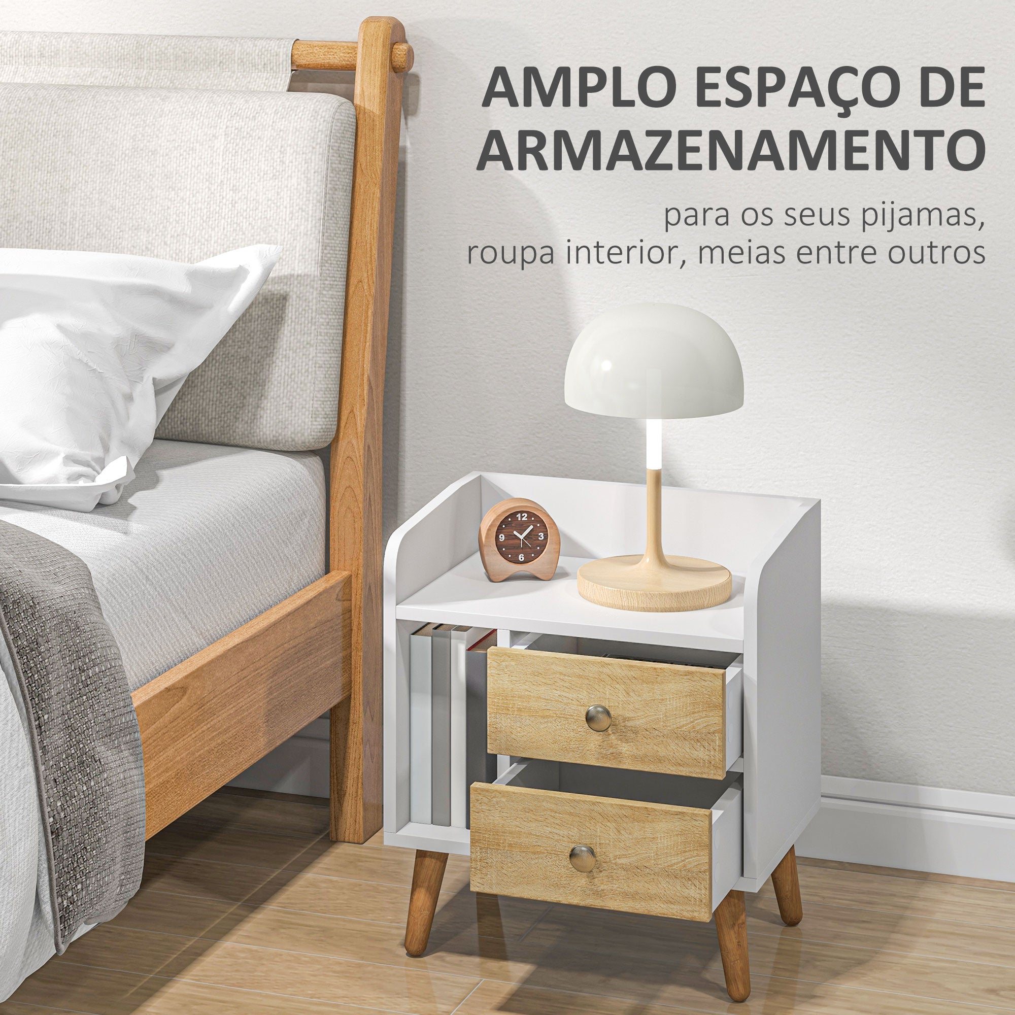 Mesa de Cabeceira com 2 Gavetas Grandes e Prateleira Aberta 43x30x49 cm - Branco