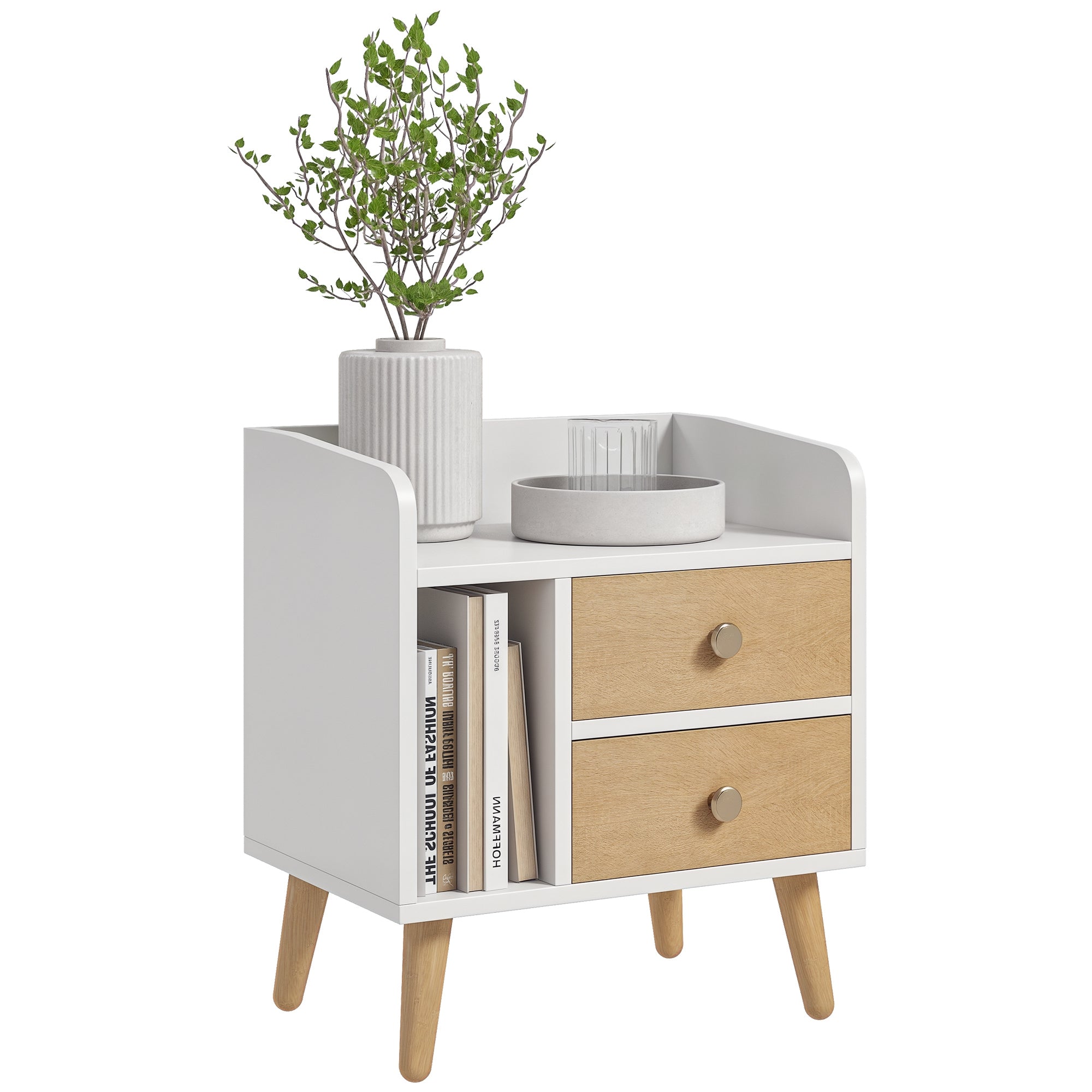 Mesa de Cabeceira com 2 Gavetas Grandes e Prateleira Aberta 43x30x49 cm - Branco