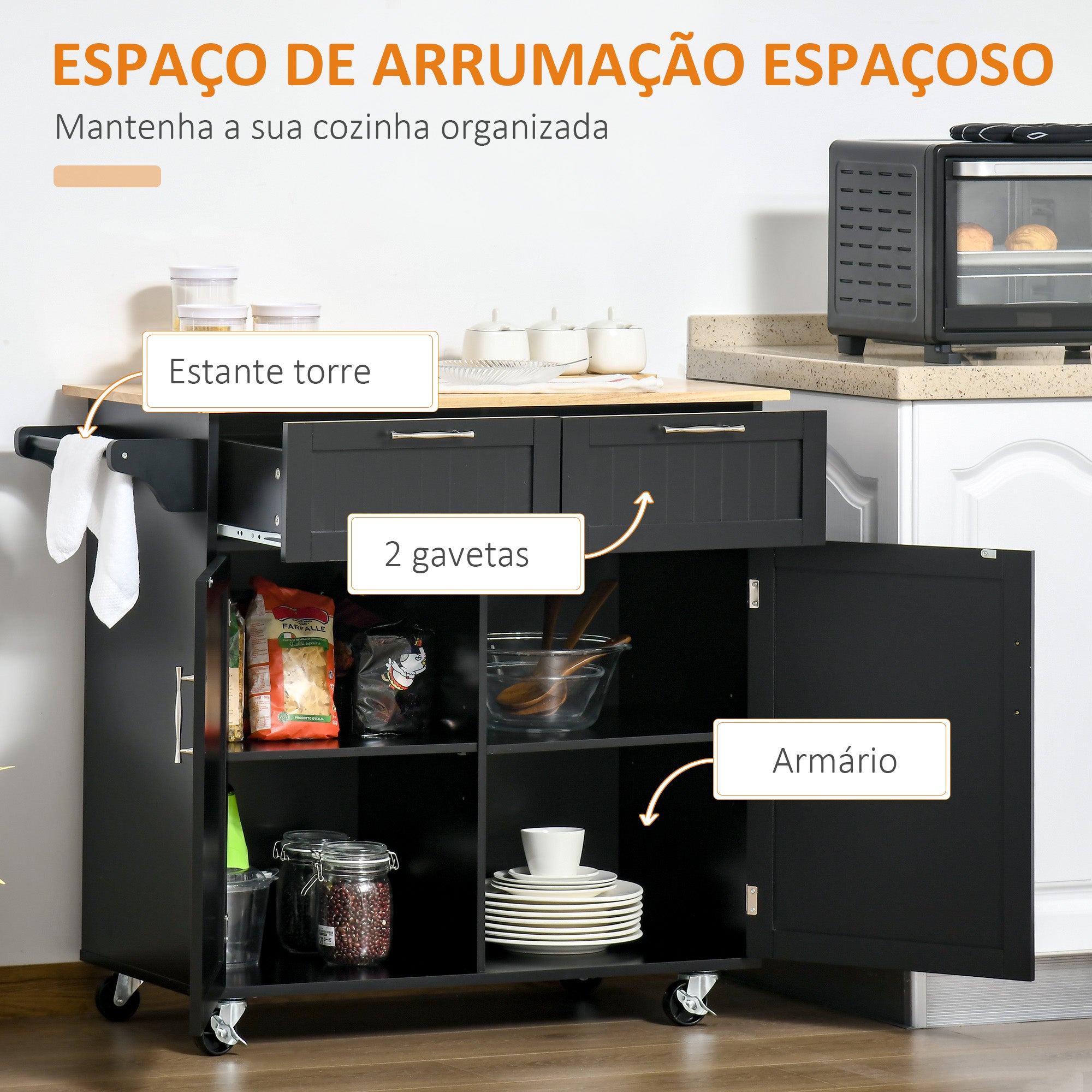 Carrinho de Cozinha 104x46x91 cm Preto - Organizador de Cozinha com Gavetas e Rodas
