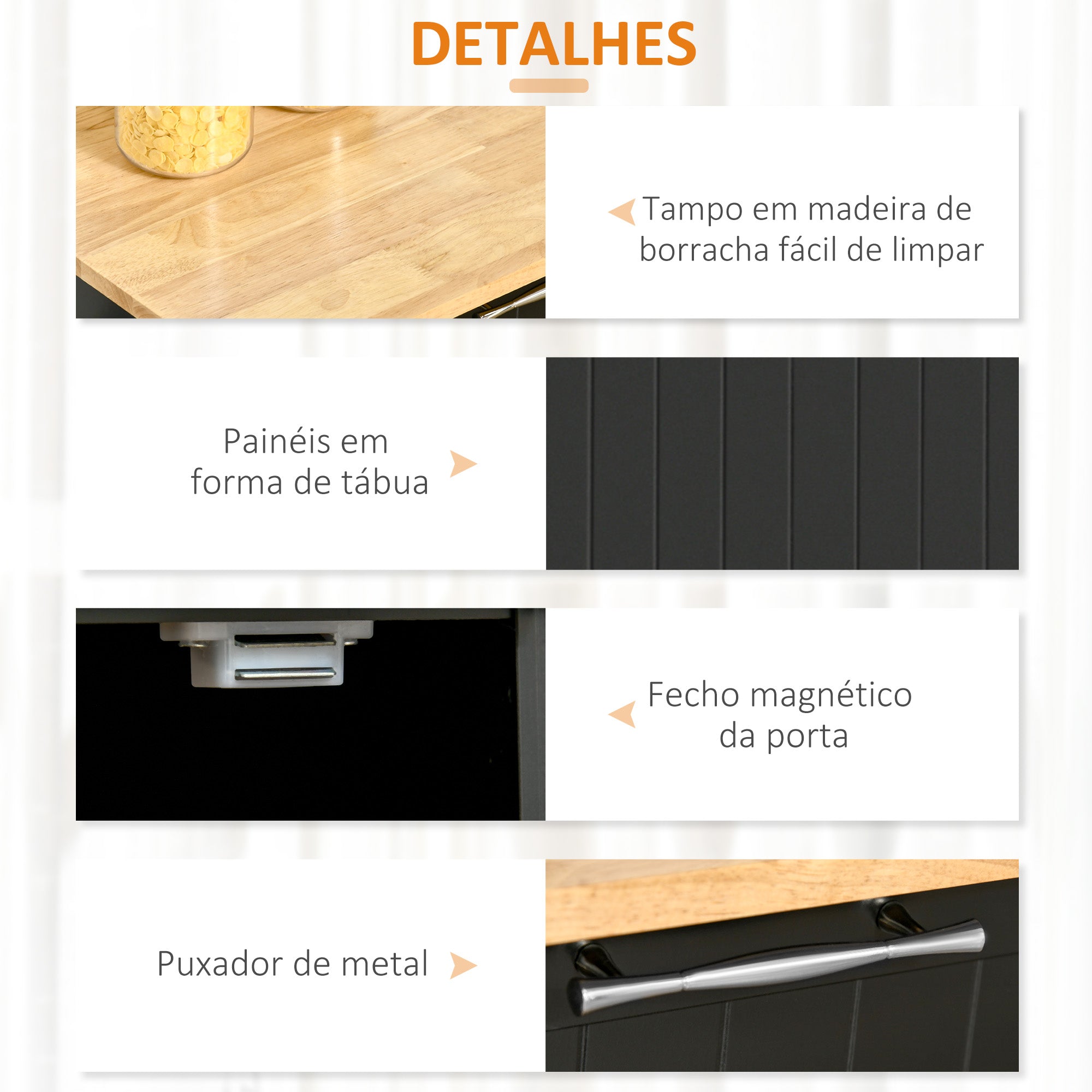 Carrinho de Cozinha 104x46x91 cm Preto - Organizador de Cozinha com Gavetas e Rodas