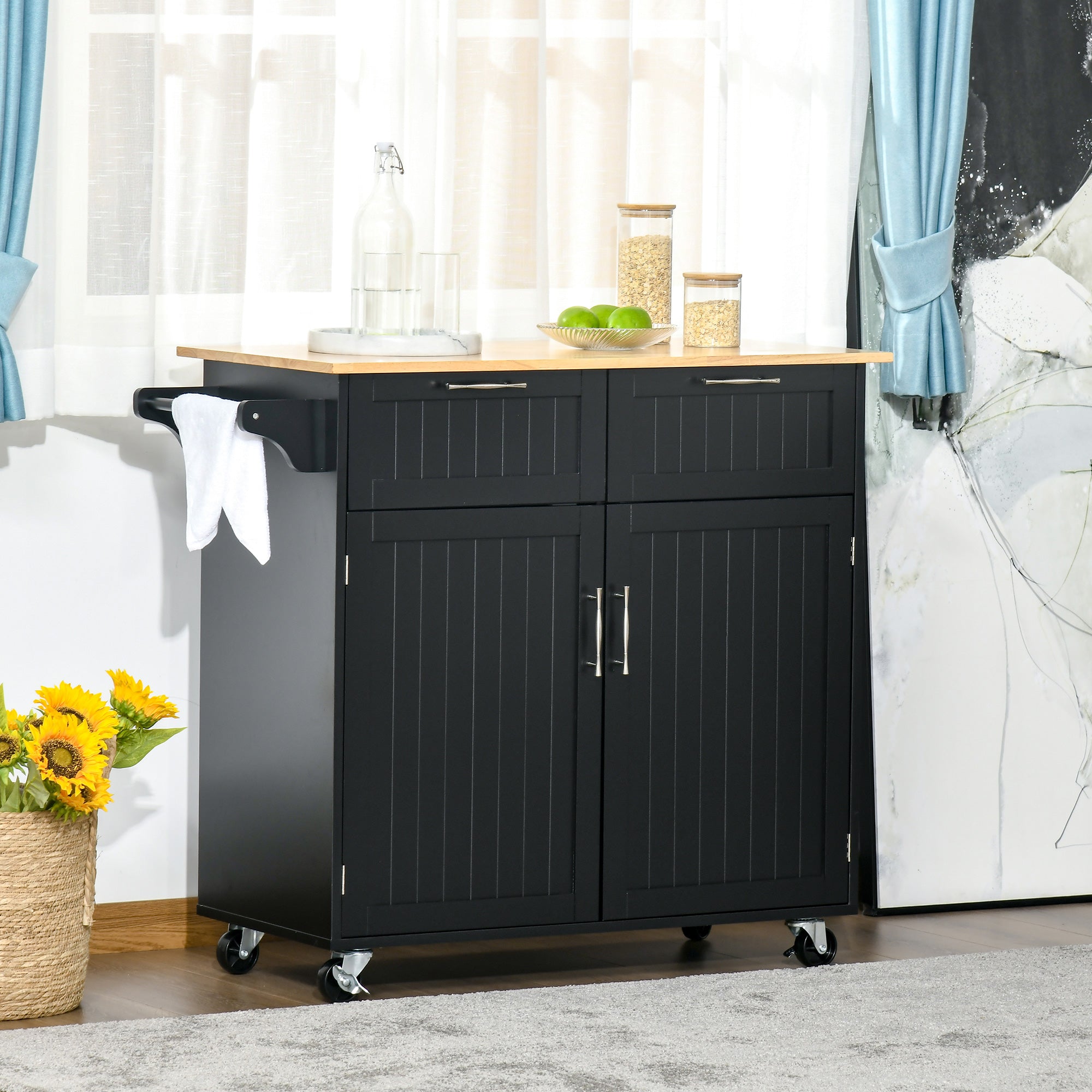 Carrinho de Cozinha 104x46x91 cm Preto - Organizador de Cozinha com Gavetas e Rodas
