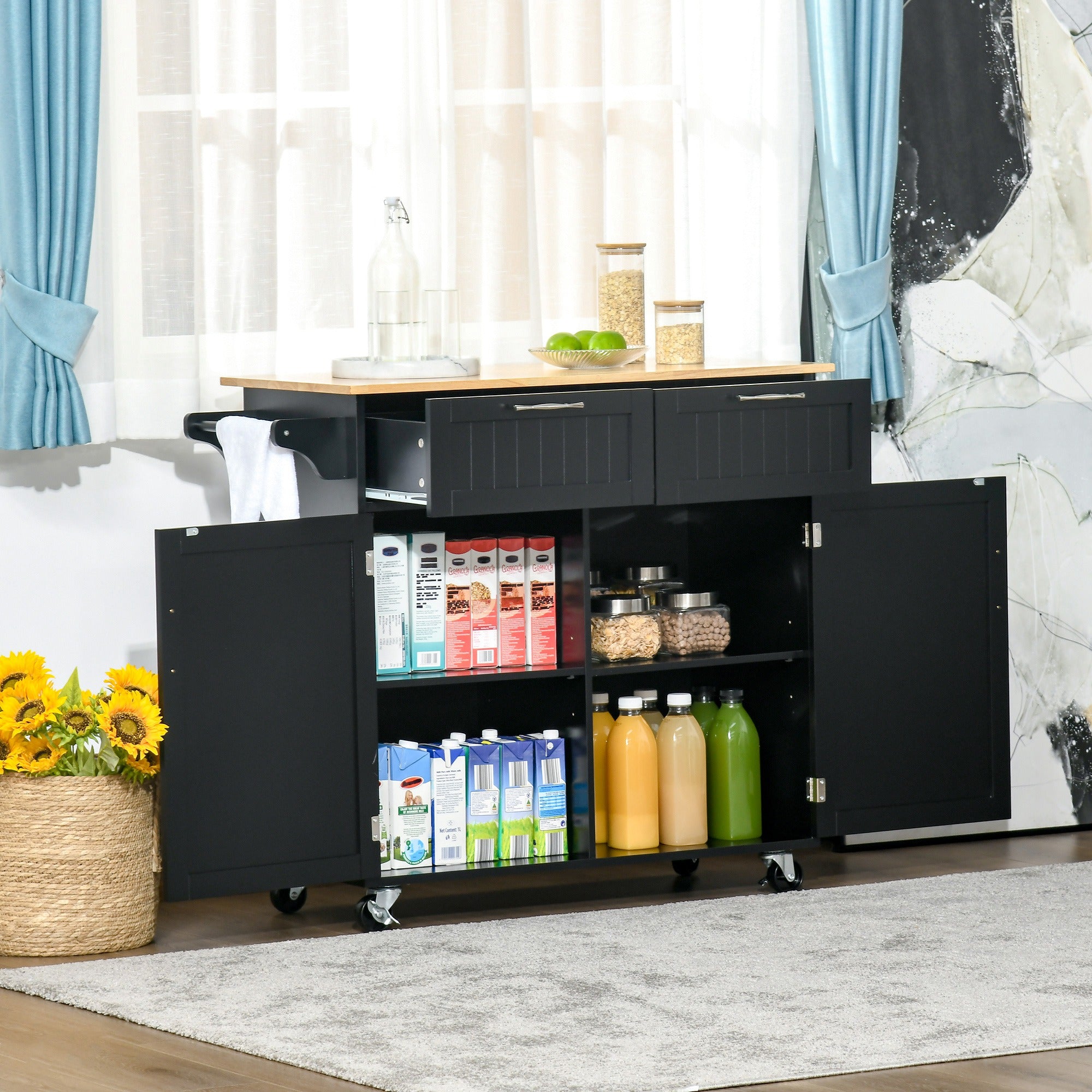 Carrinho de Cozinha 104x46x91 cm Preto - Organizador de Cozinha com Gavetas e Rodas