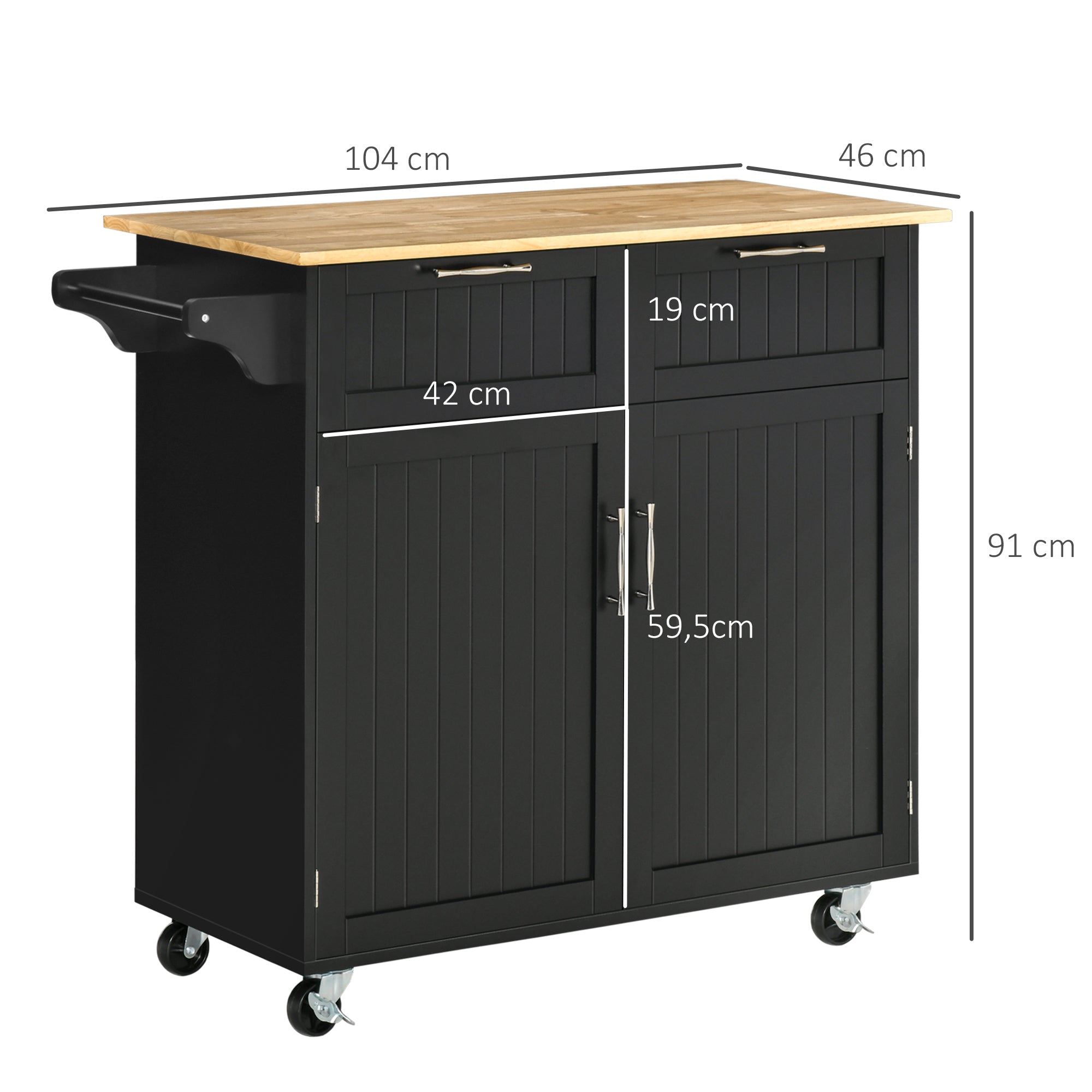 Carrinho de Cozinha 104x46x91 cm Preto - Organizador de Cozinha com Gavetas e Rodas