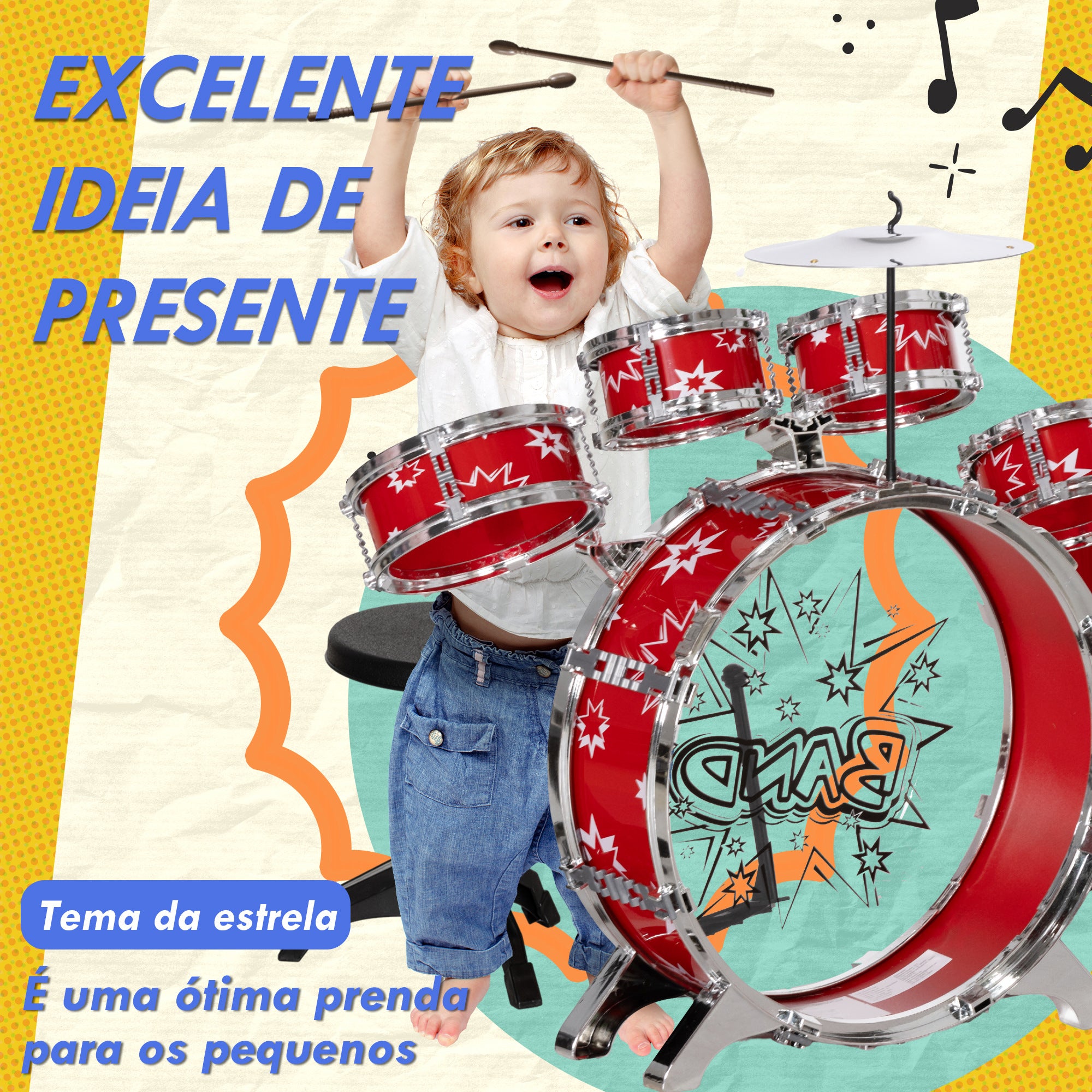 Bateria Infantil com Banco Vermelho 65x22x57 cm