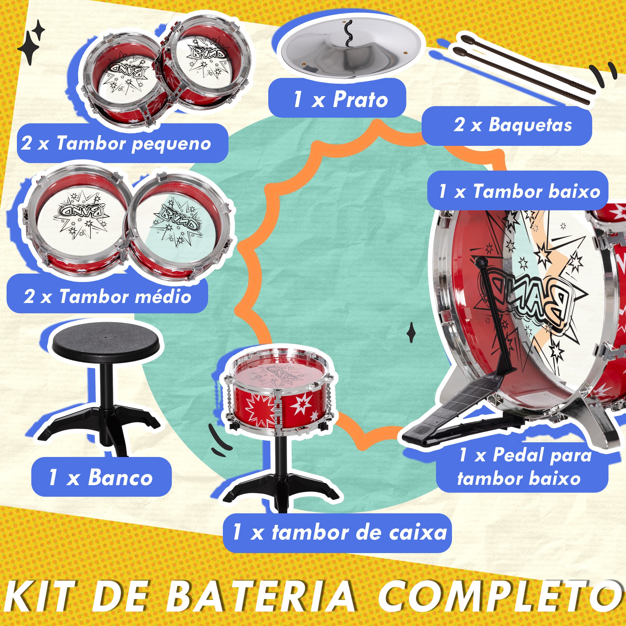 Bateria Infantil com Banco Vermelho 65x22x57 cm