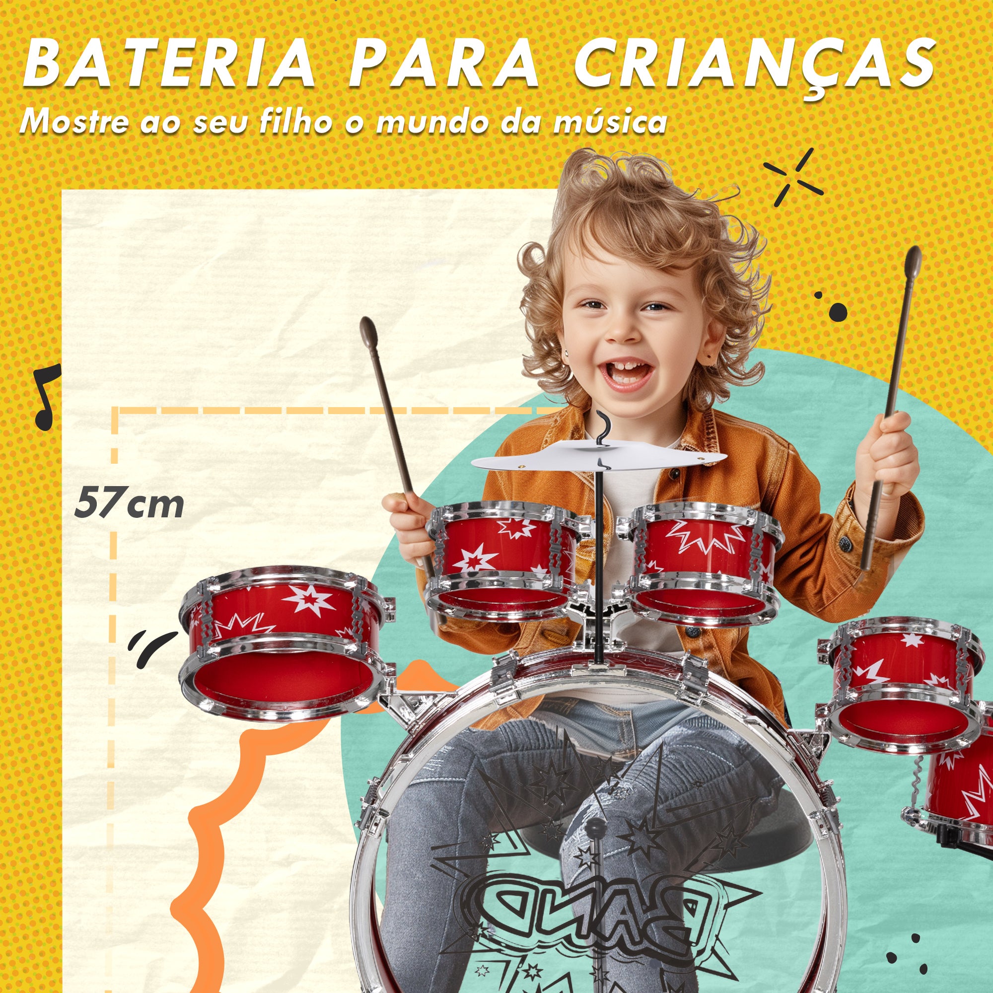 Bateria Infantil com Banco Vermelho 65x22x57 cm