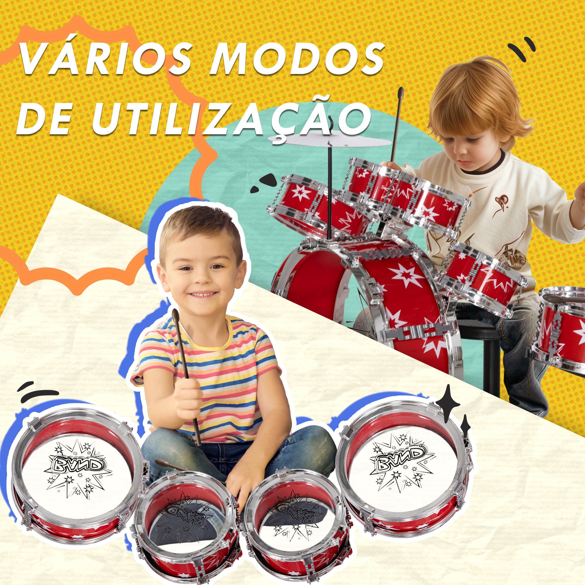 Bateria Infantil com Banco Vermelho 65x22x57 cm