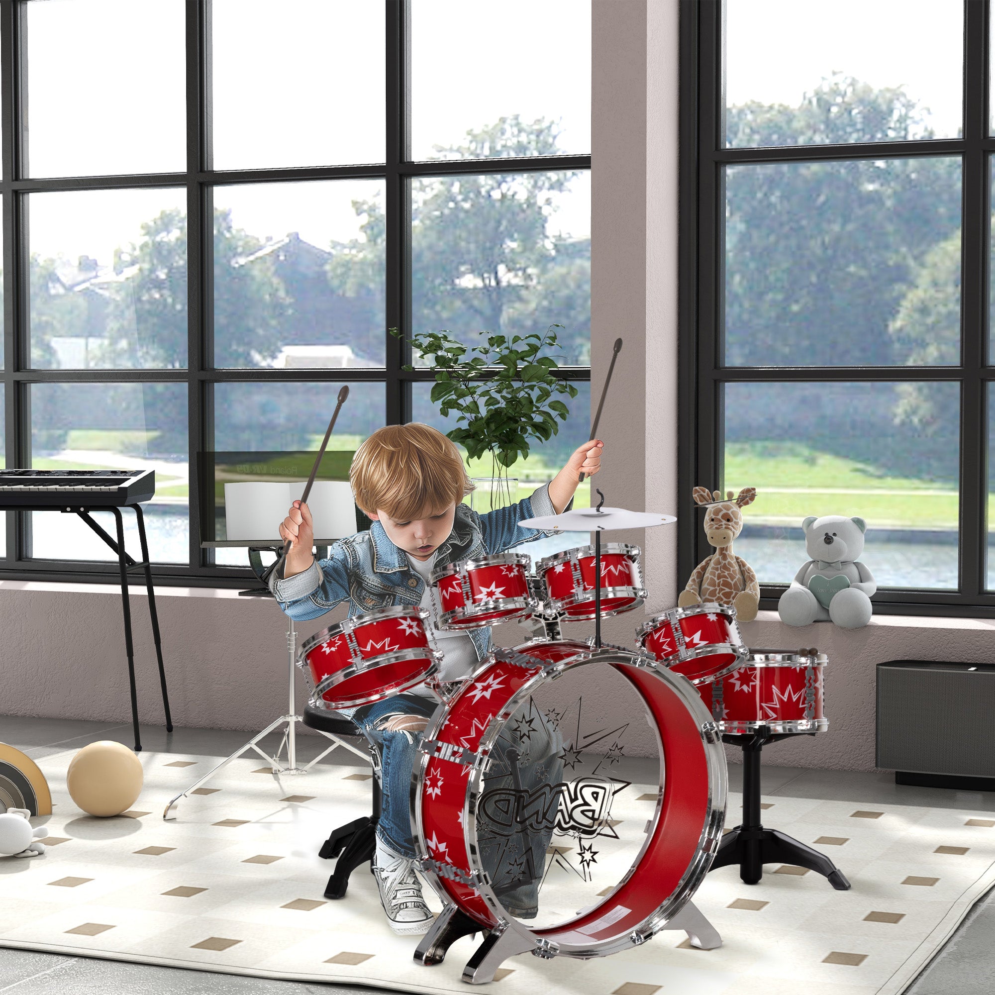 Bateria Infantil com Banco Vermelho 65x22x57 cm