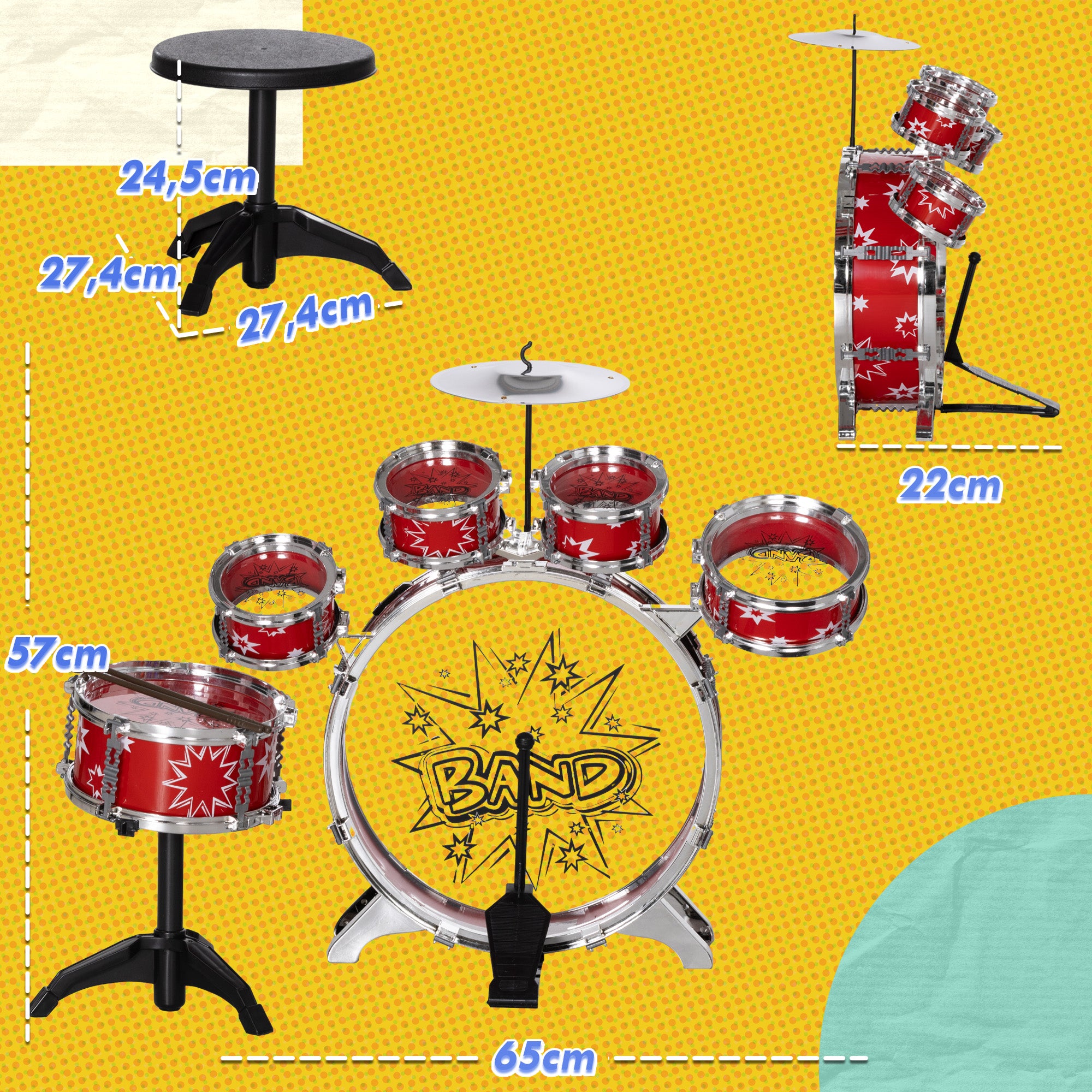 Bateria Infantil com Banco Vermelho 65x22x57 cm