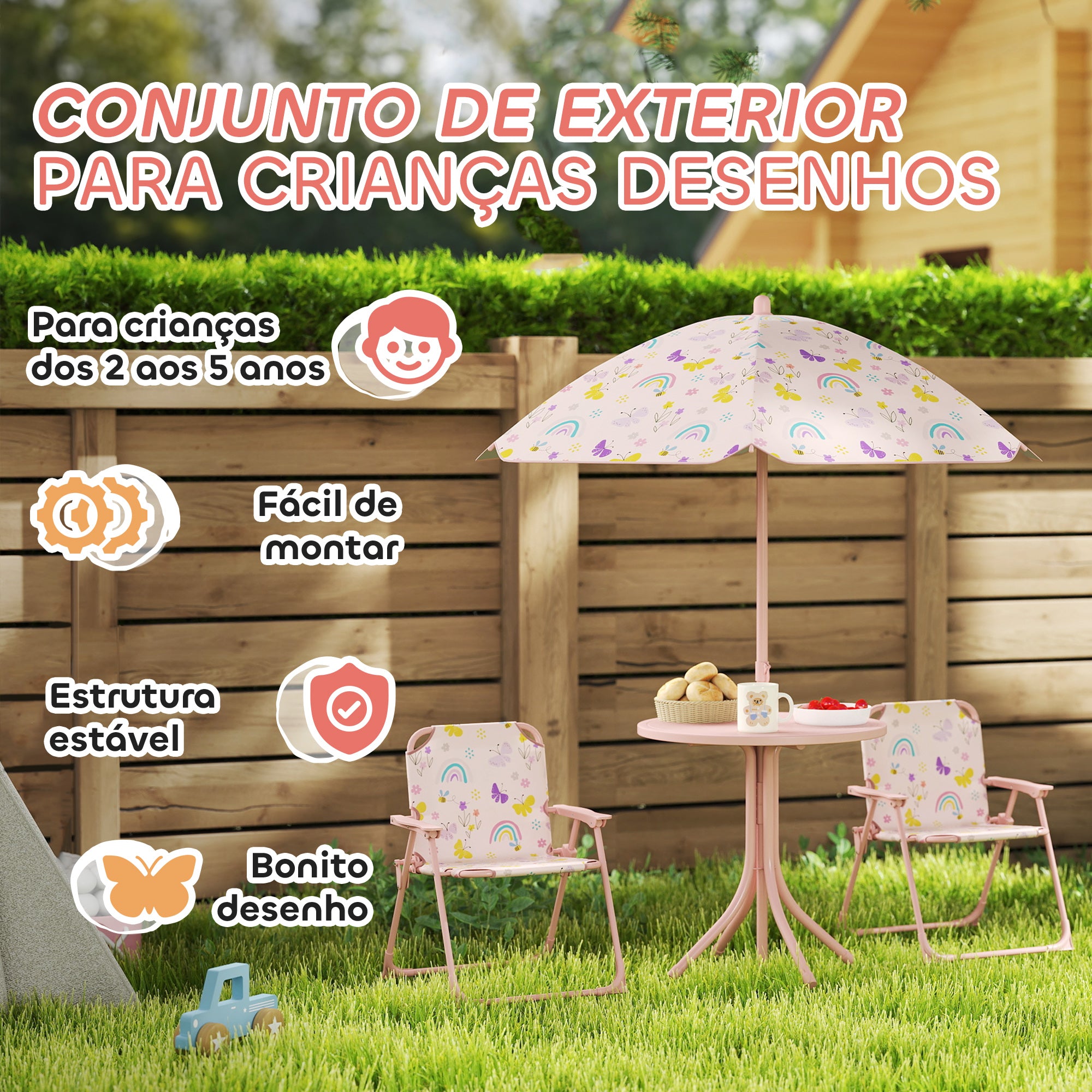 Conjunto Mesa e Cadeiras Infantil Borboletas Rosa Ø49,5x50 cm
