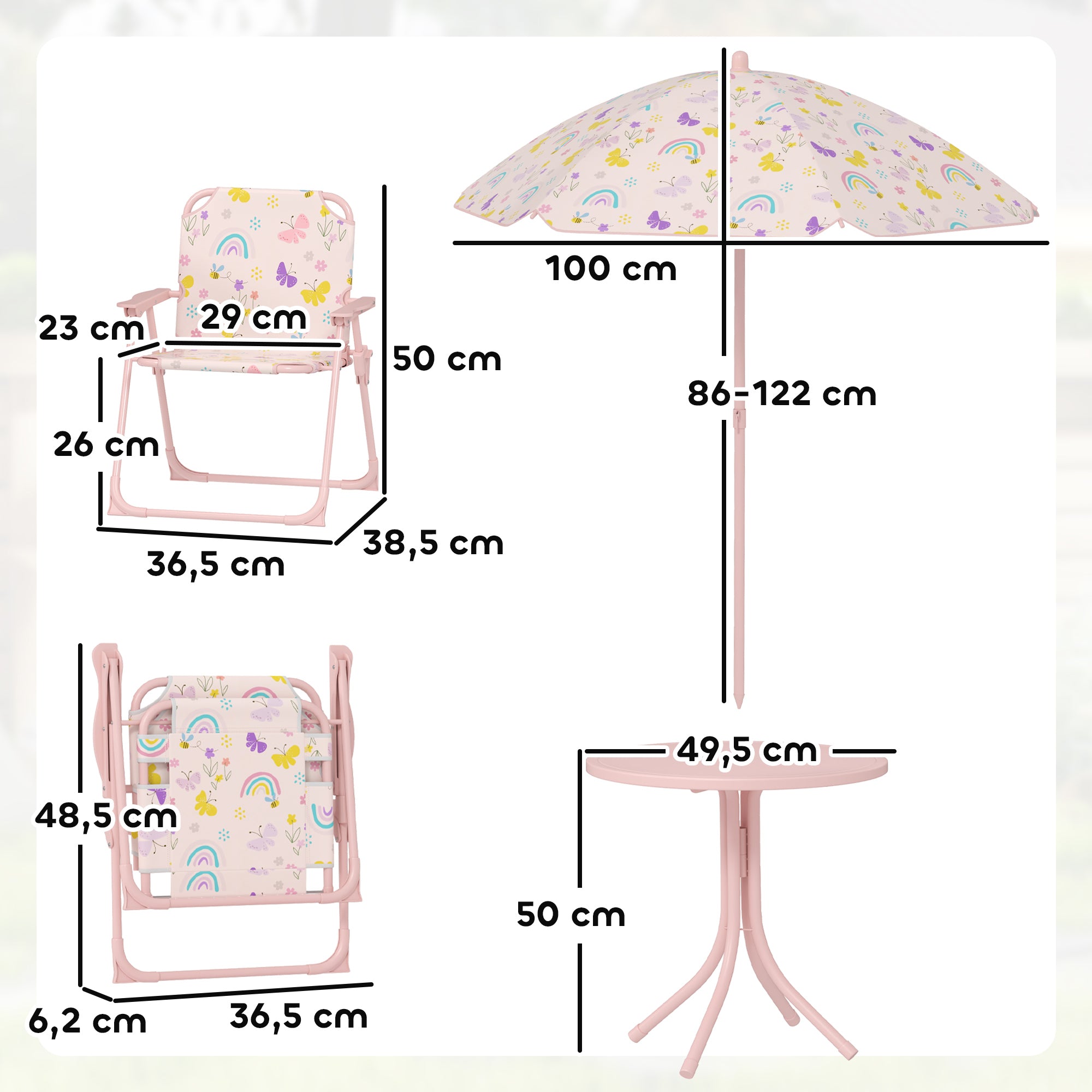 Conjunto Mesa e Cadeiras Infantil Borboletas Rosa Ø49,5x50 cm
